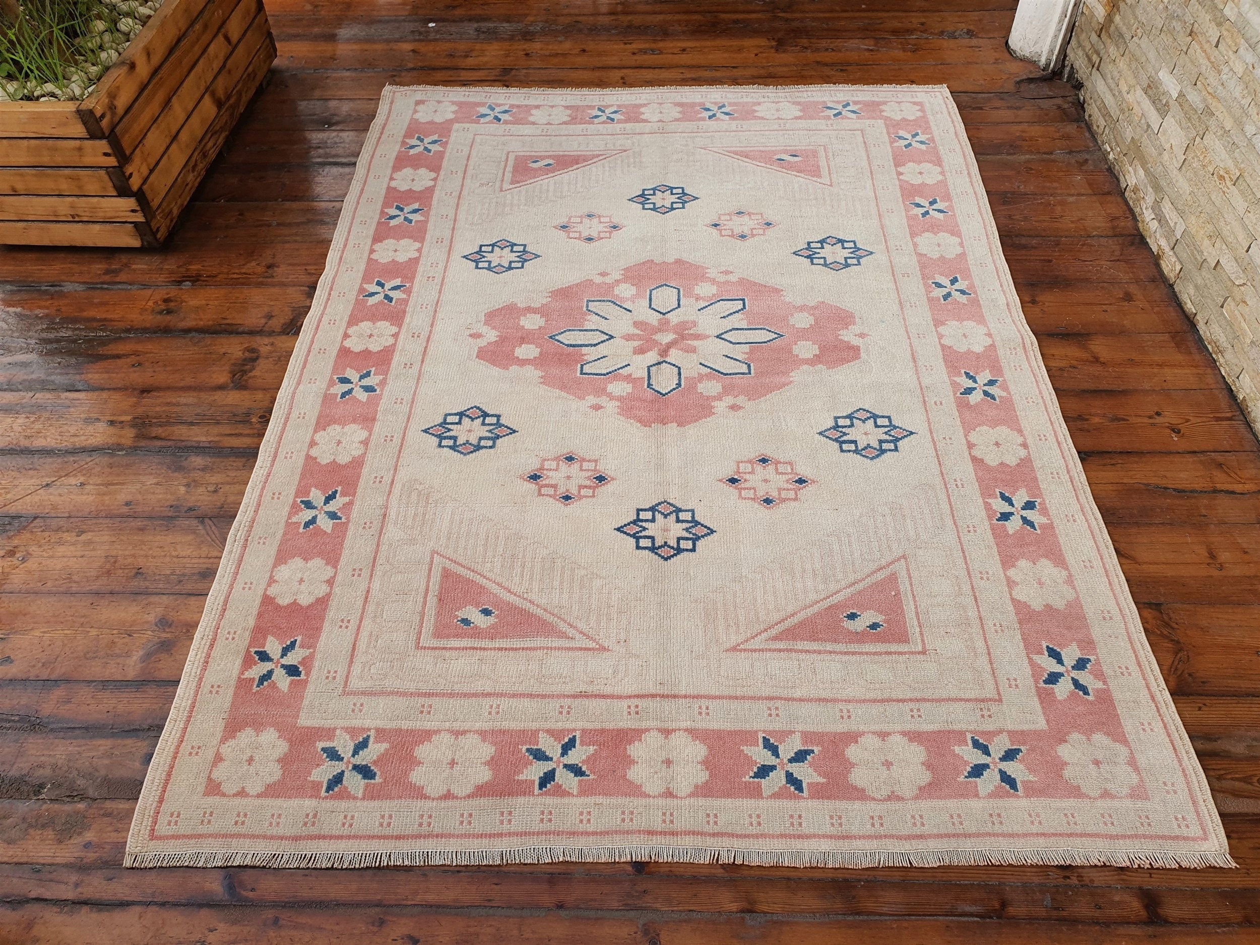 Pink Turkish Vintage Oushak Rug, 5 x 4 ft Overdyed Distressed Handmade Carpet, Boho Rustic Decor Persian Area Rug for Lounge Hall or Entry