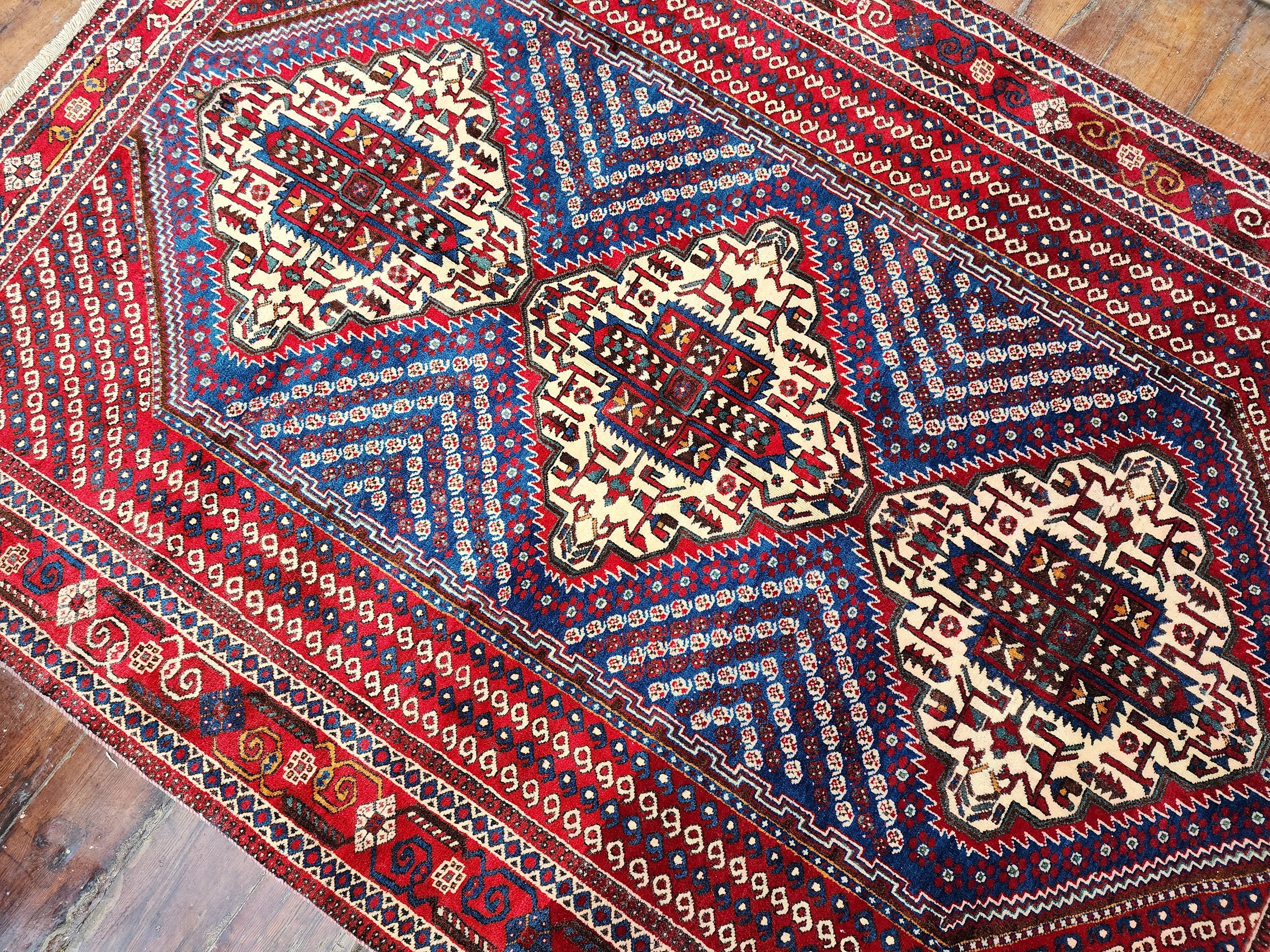 Vintage Persian Rug 7 x 5 ft Blue Red Beige Geometric Medallion Persian Rug