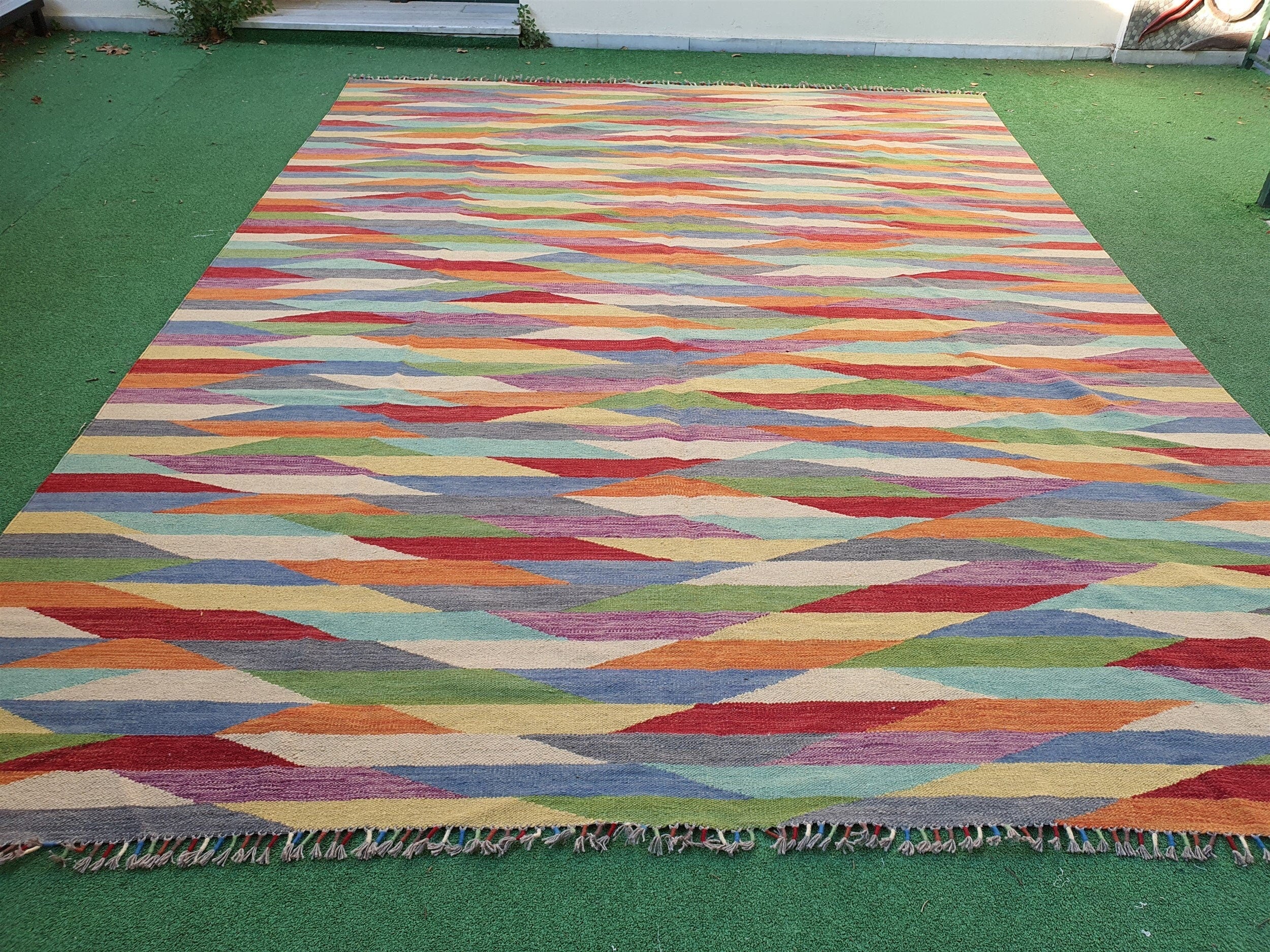 Alfombra Kilim vintage Oushak de 12 x 8 pies, extragrande, azul, rojo y beige, estilo bohemio turco, retro, para sala de estar, cocina, decoración persa y marroquí