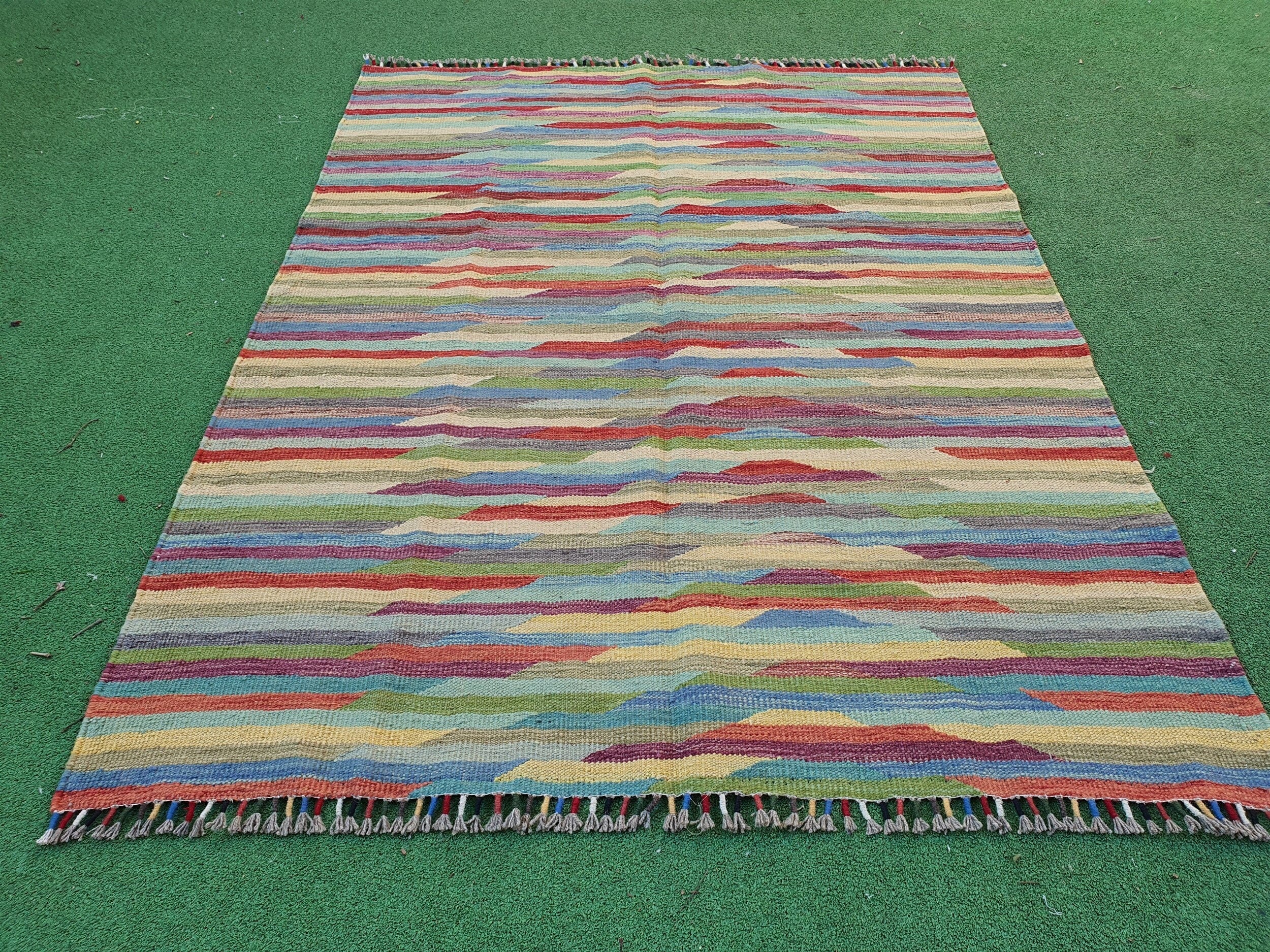 Turkish Kilim Rug, 6 x 4 ft Blue Red Beige Vintage Oushak Boho Floor Rug for Living Room Kitchen Bedroom, Persian Natural Wool Area Rug