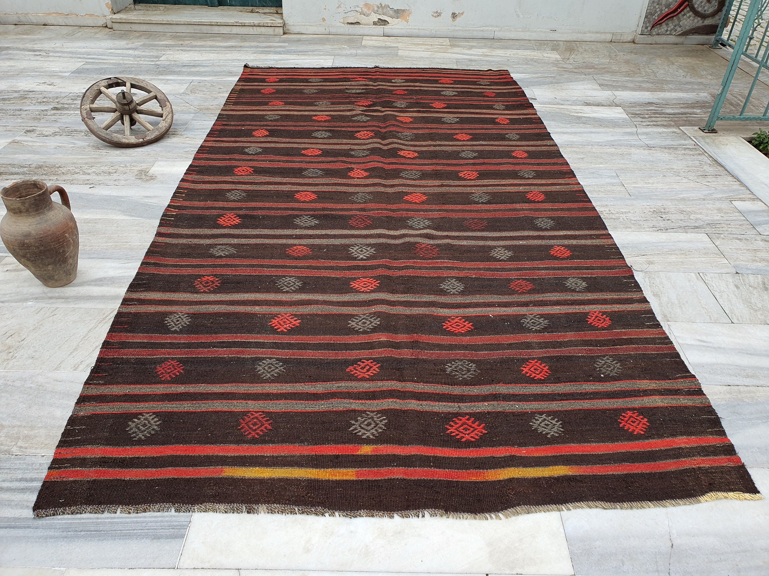 Turkish Kilim Floor Rug 11 x 6 ft X Long Brown and Orange Striped Embroidered Cicim for Lounge Kitchen Bedroom, Boho Rustic Persian Area Rug