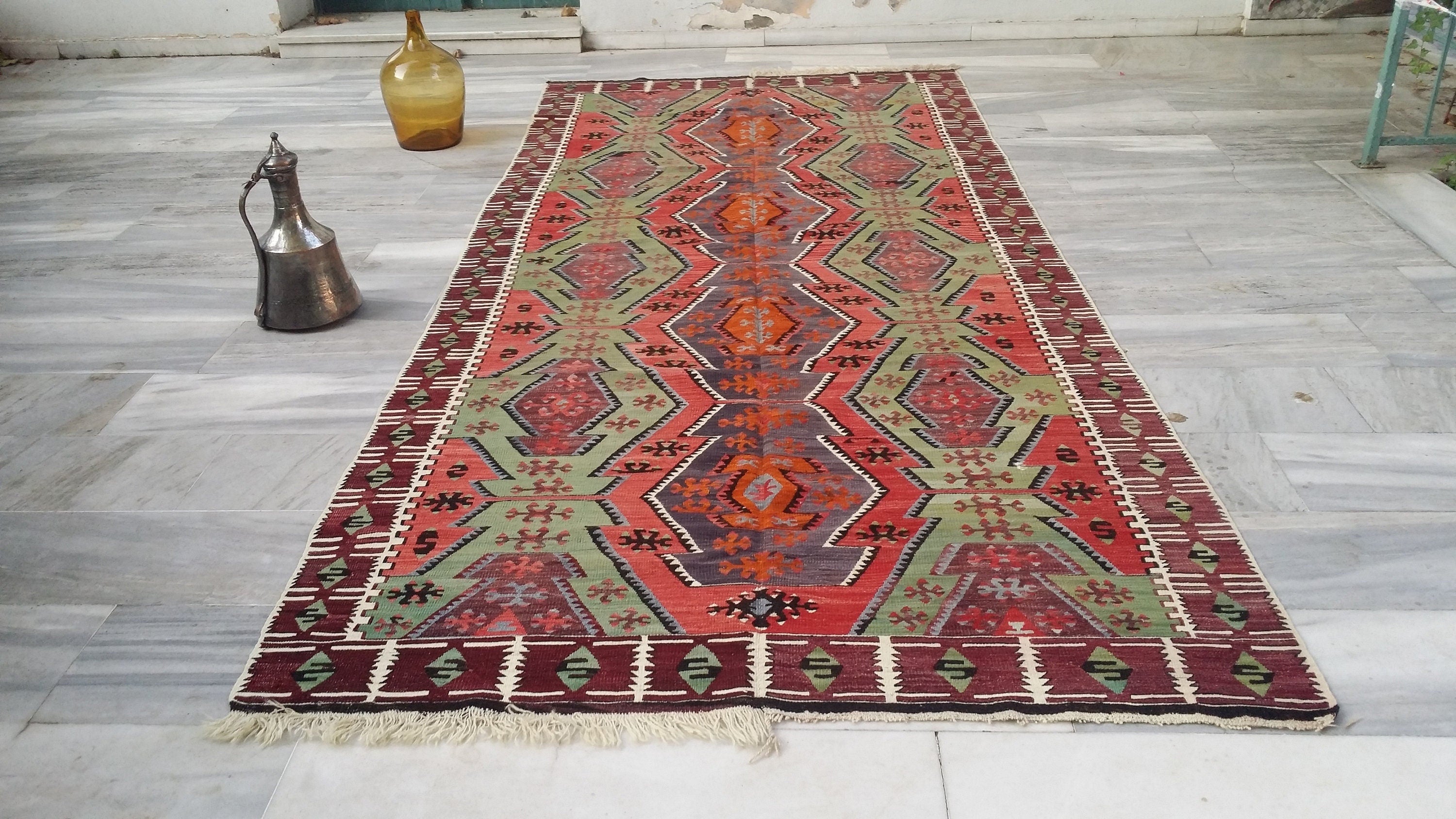 Rust Red and Green Turkish Kilim Floor Rug 12 x 5 ft Long Hallway or Narrow Lounge Boho Rustic Vintage Persian Area Rug