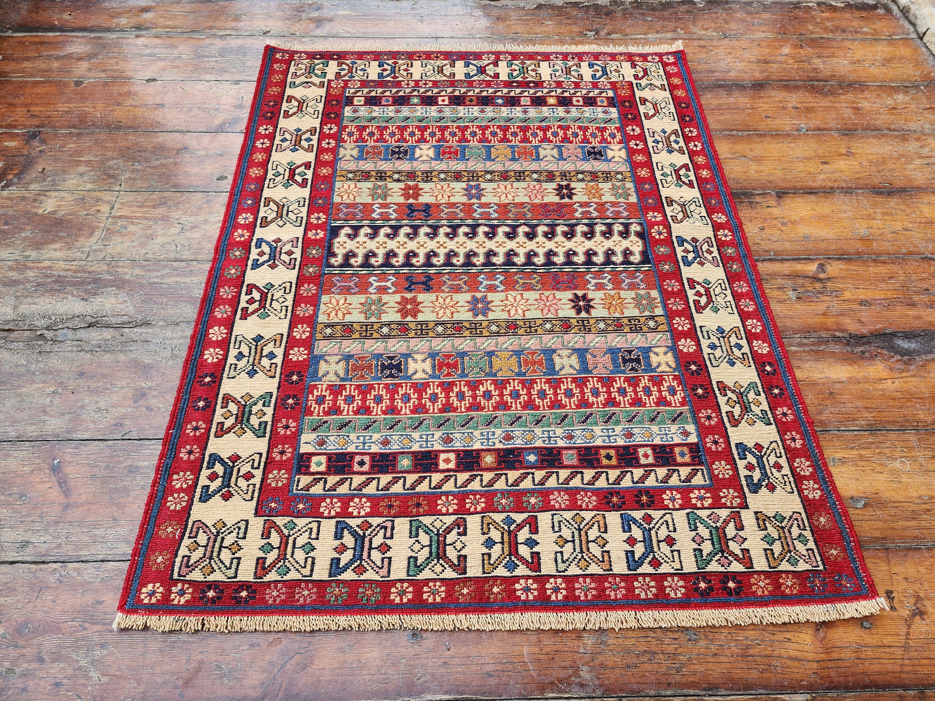 Red Blue and Brown Soumak Kilim Hallway Rug 3 x 3 ft Turkish Kilim Rug, Handmade Oriental Embroidered Rug, Natural Wool Boho Persian Rug