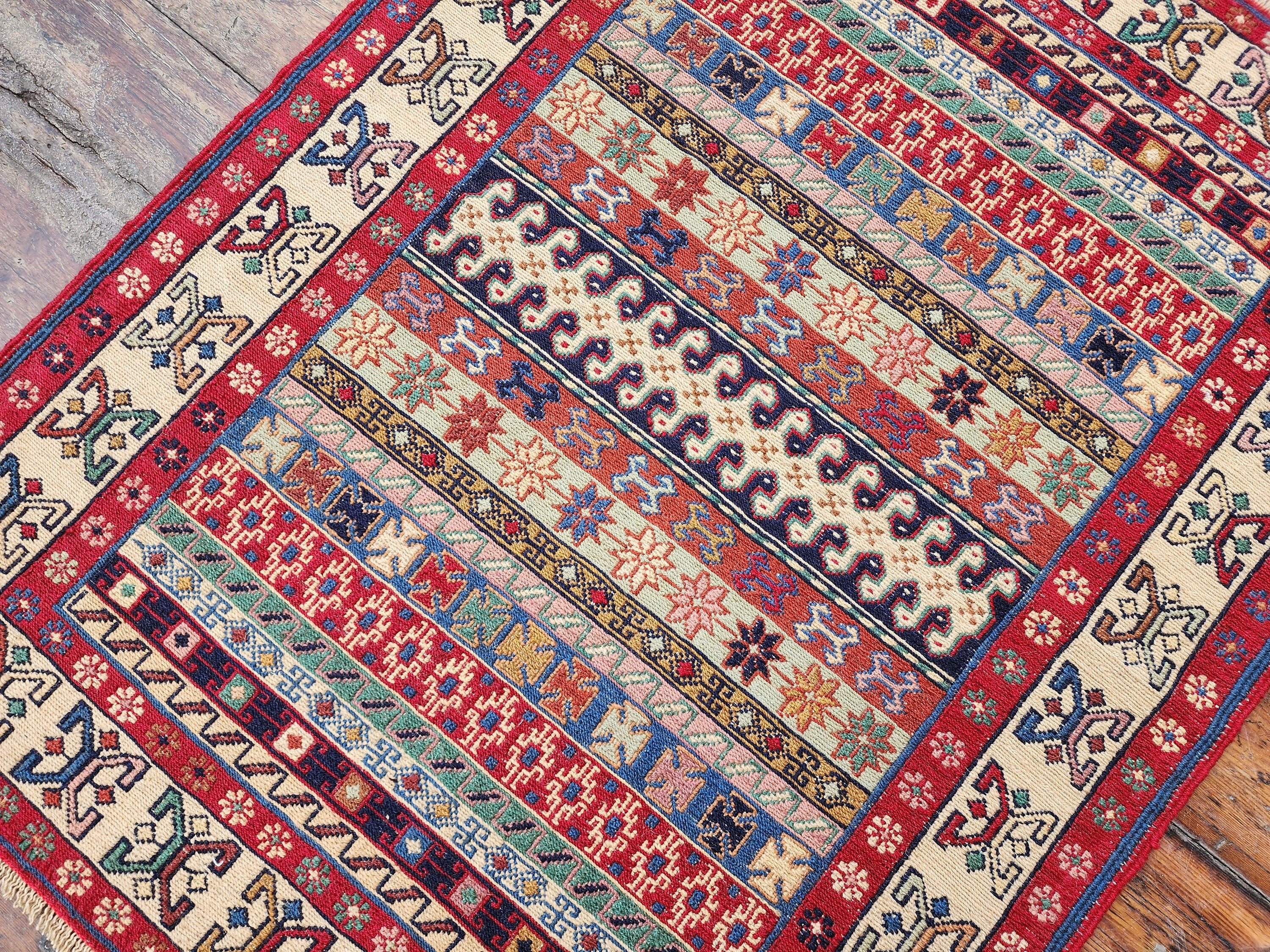 Red Blue and Brown Soumak Kilim Hallway Rug 3 x 3 ft Turkish Kilim Rug, Handmade Oriental Embroidered Rug, Natural Wool Boho Persian Rug