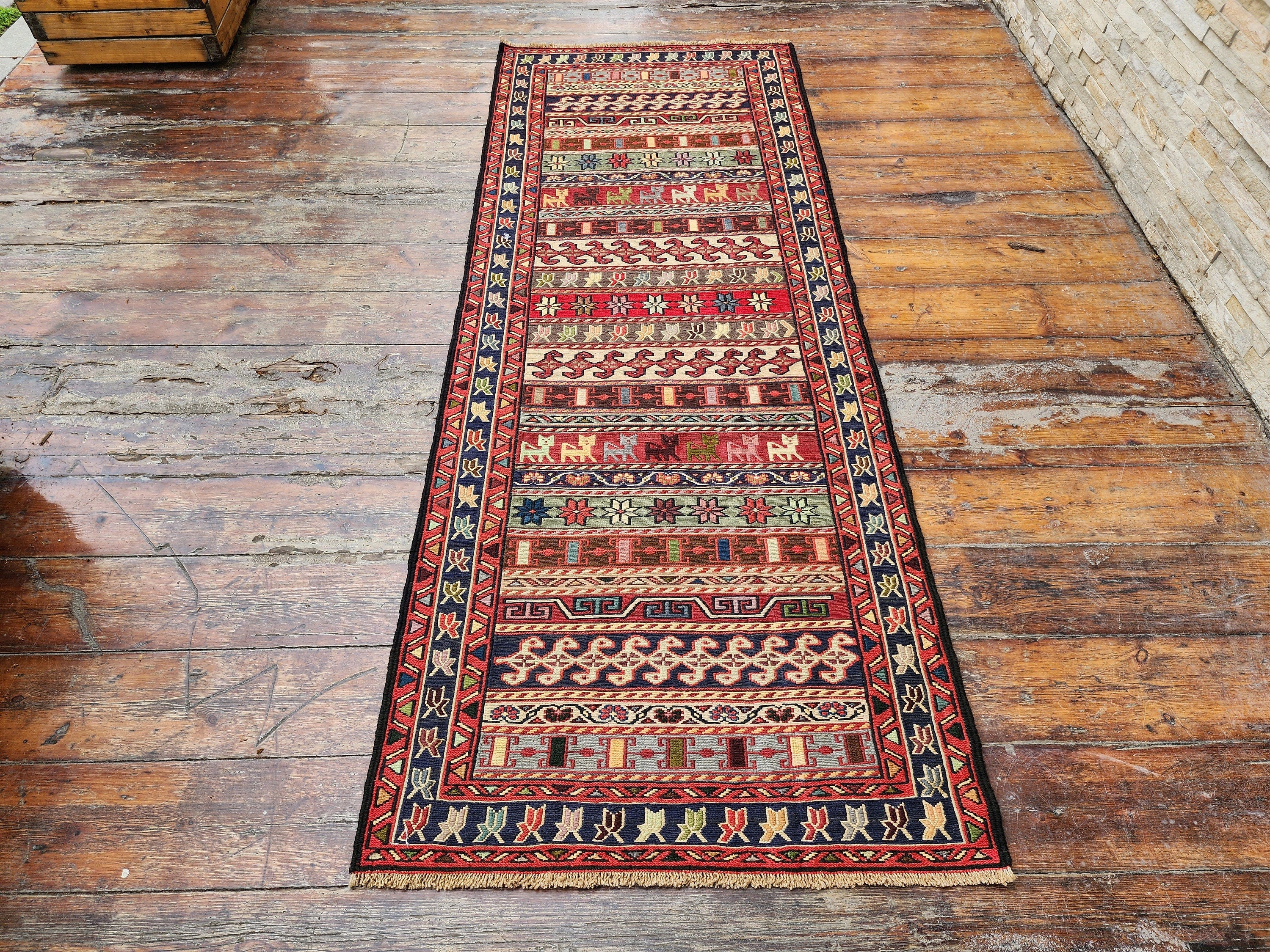 Red Blue and Brown Soumak Kilim Hallway Rug 6 x 2 ft Turkish Kilim Rug