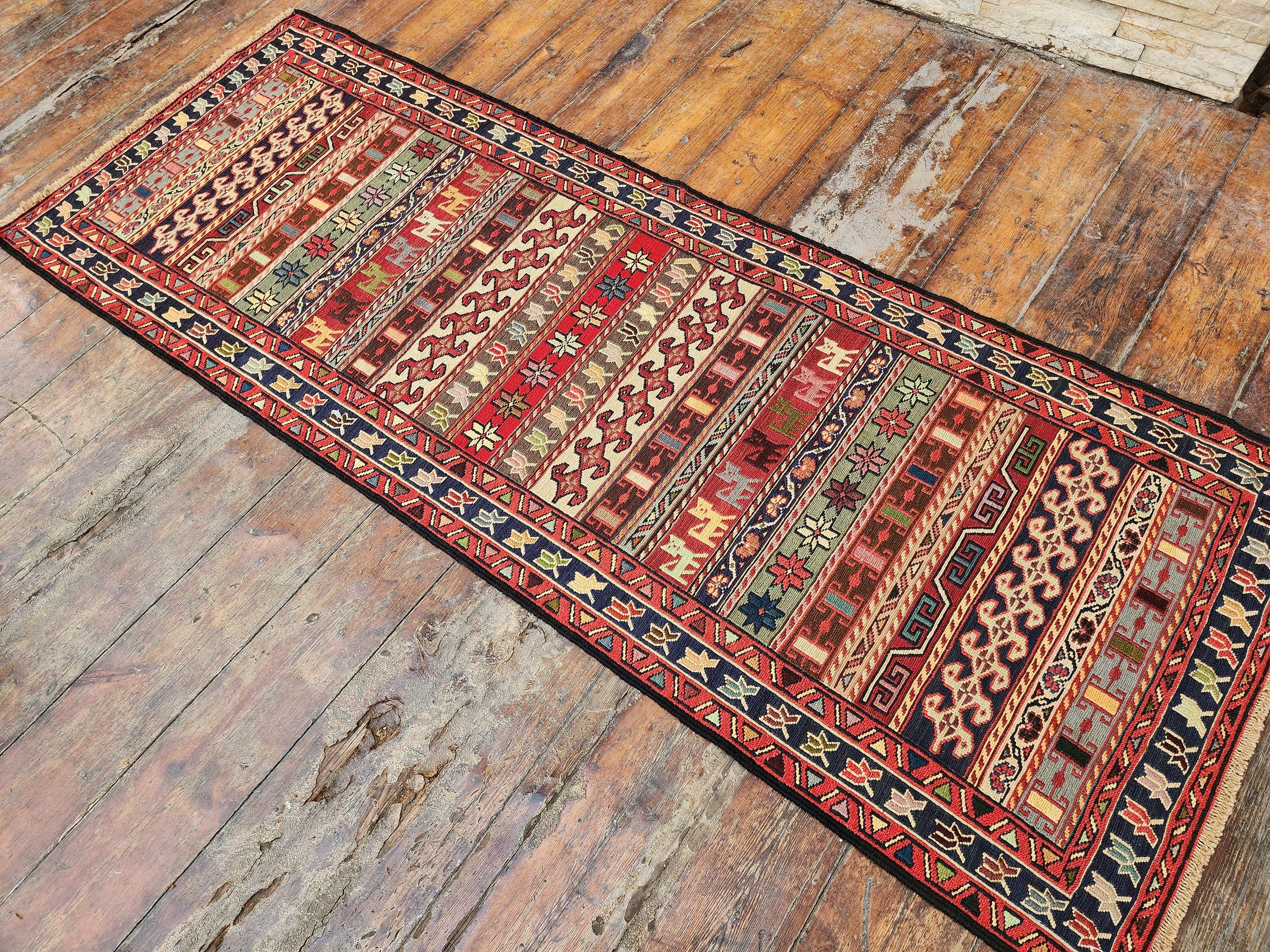 Red Blue and Brown Soumak Kilim Hallway Rug 6 x 2 ft Turkish Kilim Rug