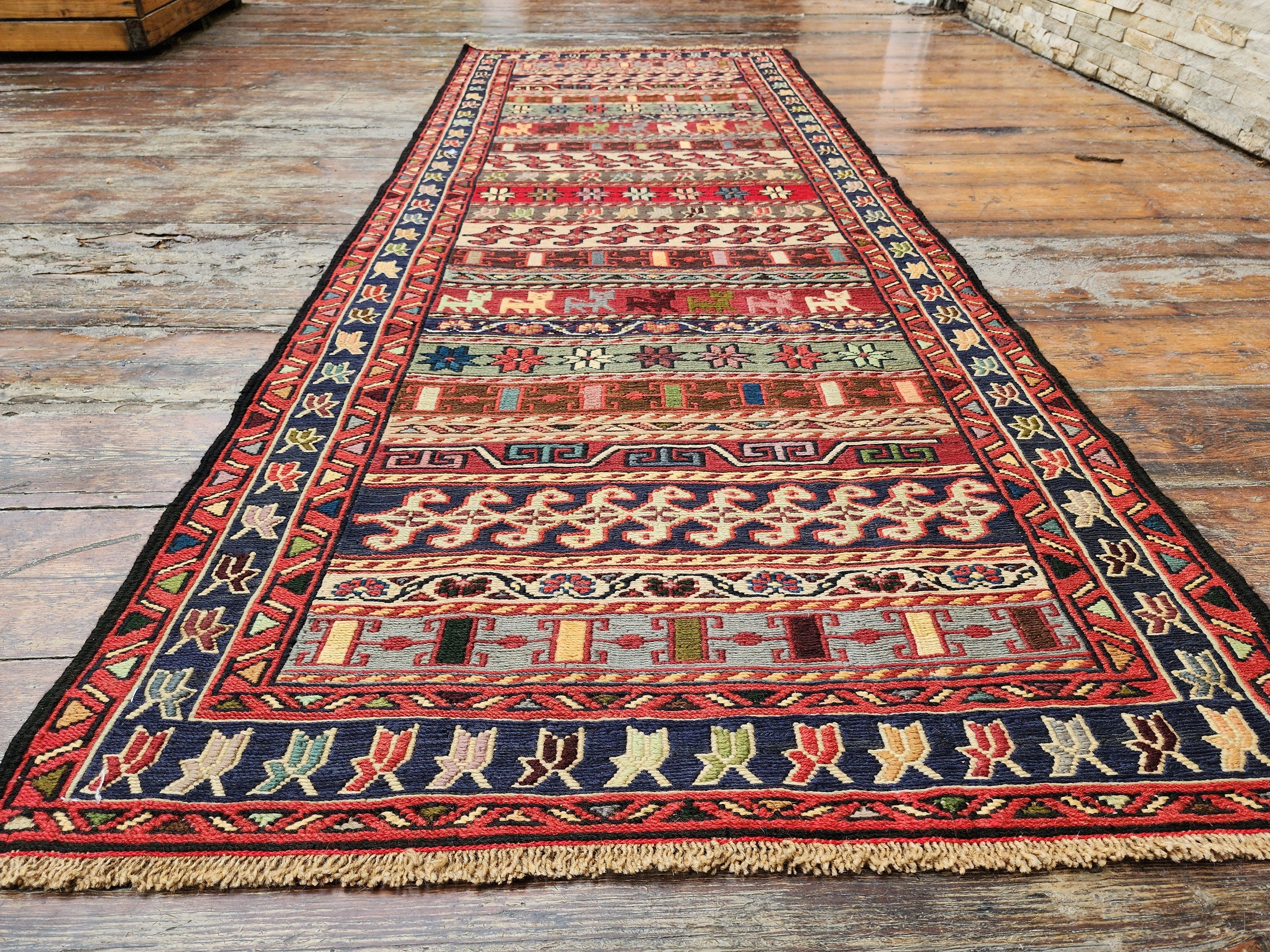 Red Blue and Brown Soumak Kilim Hallway Rug 6 x 2 ft Turkish Kilim Rug