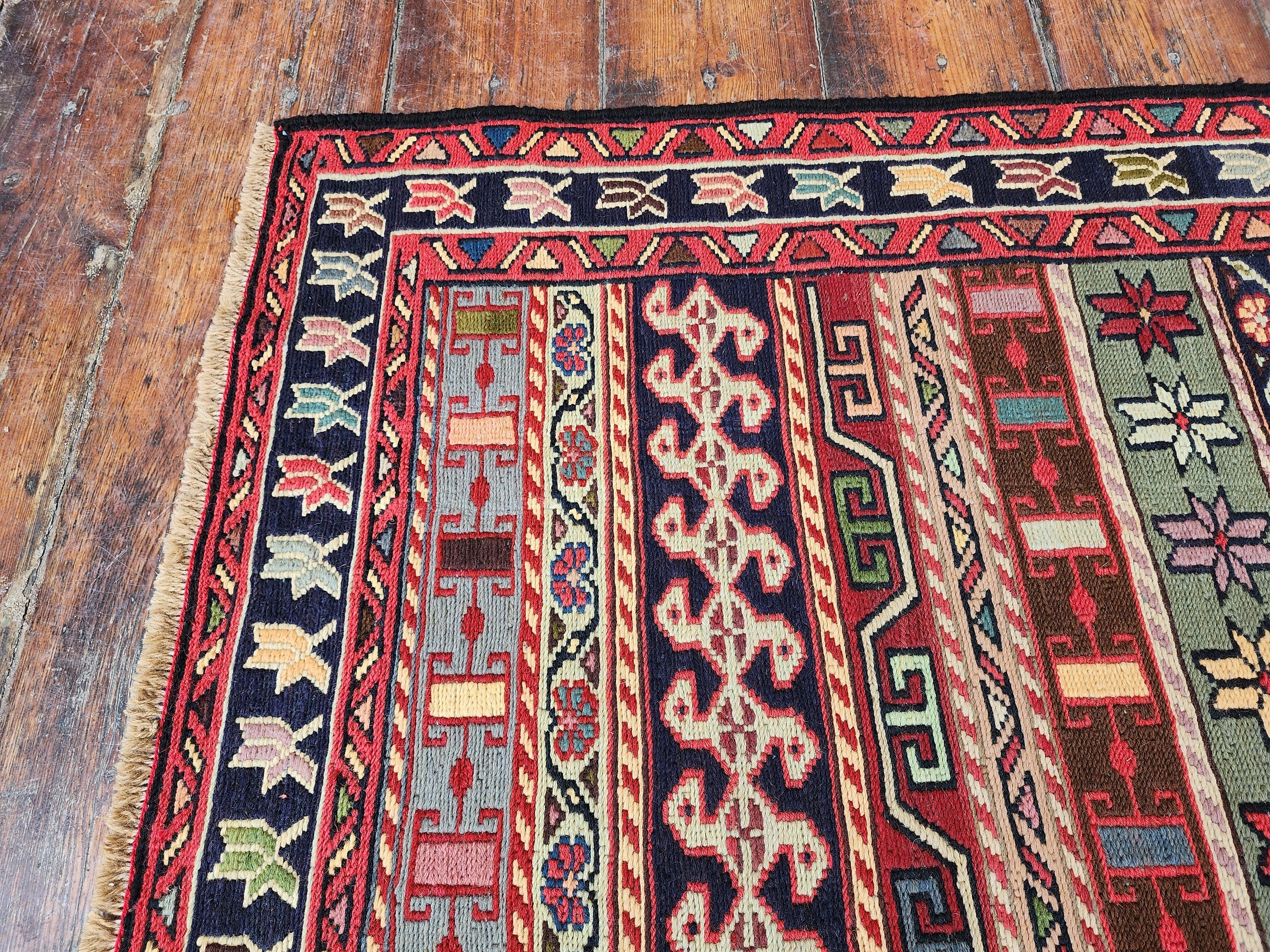 Red Blue and Brown Soumak Kilim Hallway Rug 6 x 2 ft Turkish Kilim Rug