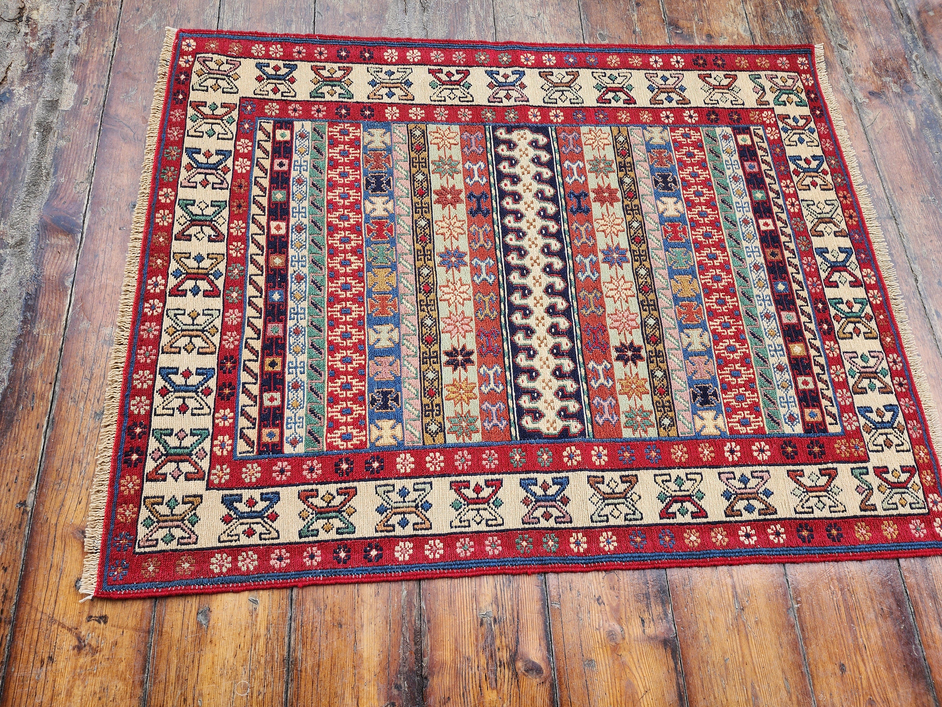 Red Blue and Brown Soumak Kilim Hallway Rug 3 x 3 ft Turkish Kilim Rug, Handmade Oriental Embroidered Rug, Natural Wool Boho Persian Rug