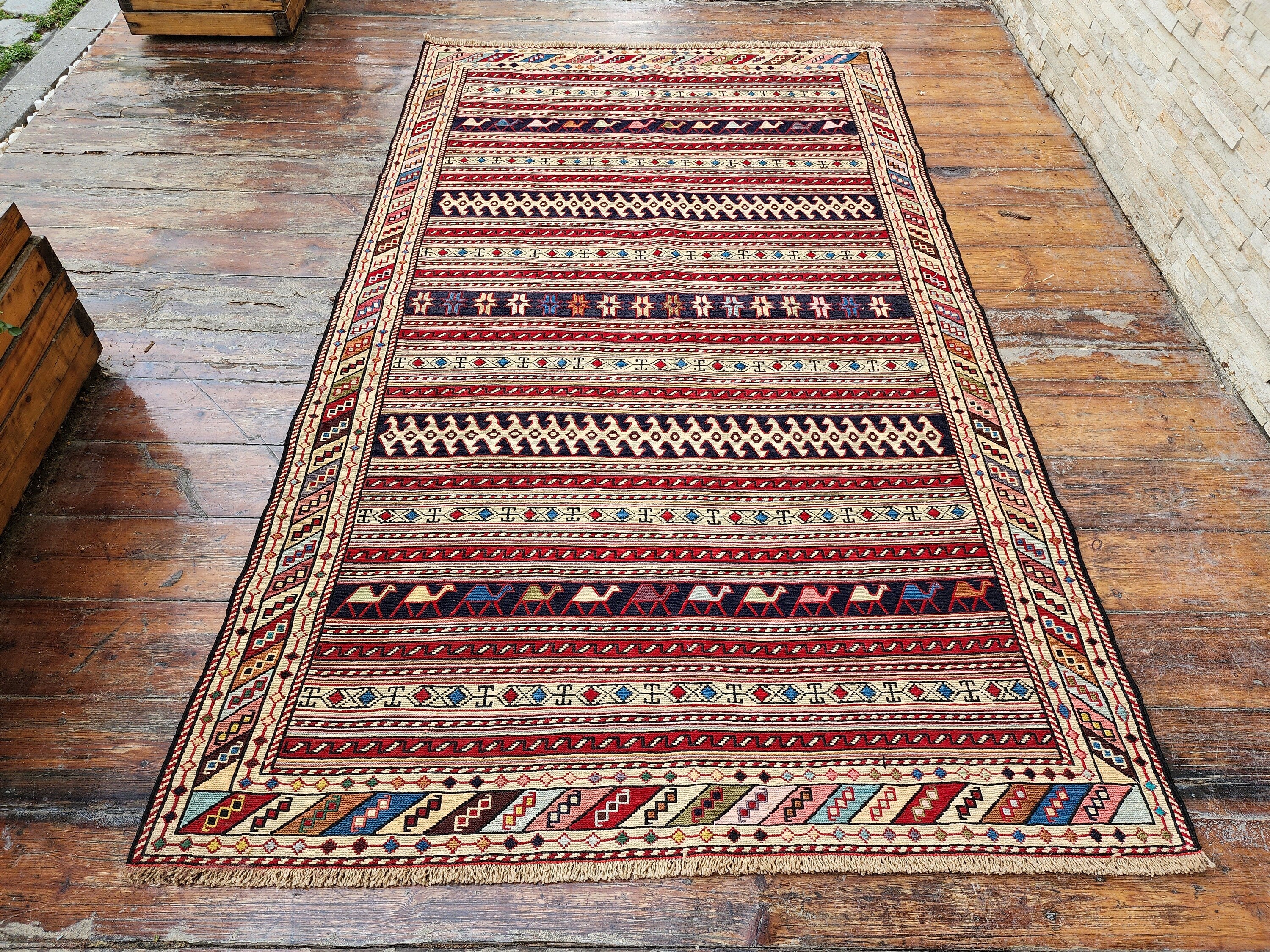 Persian Soumak Kilim Rug 6 x 4 ft Red Brown and Blue Handmade Natural Wool Boho Rustic Turkish Floor Rug, Vintage Anatolian Oriental Rug