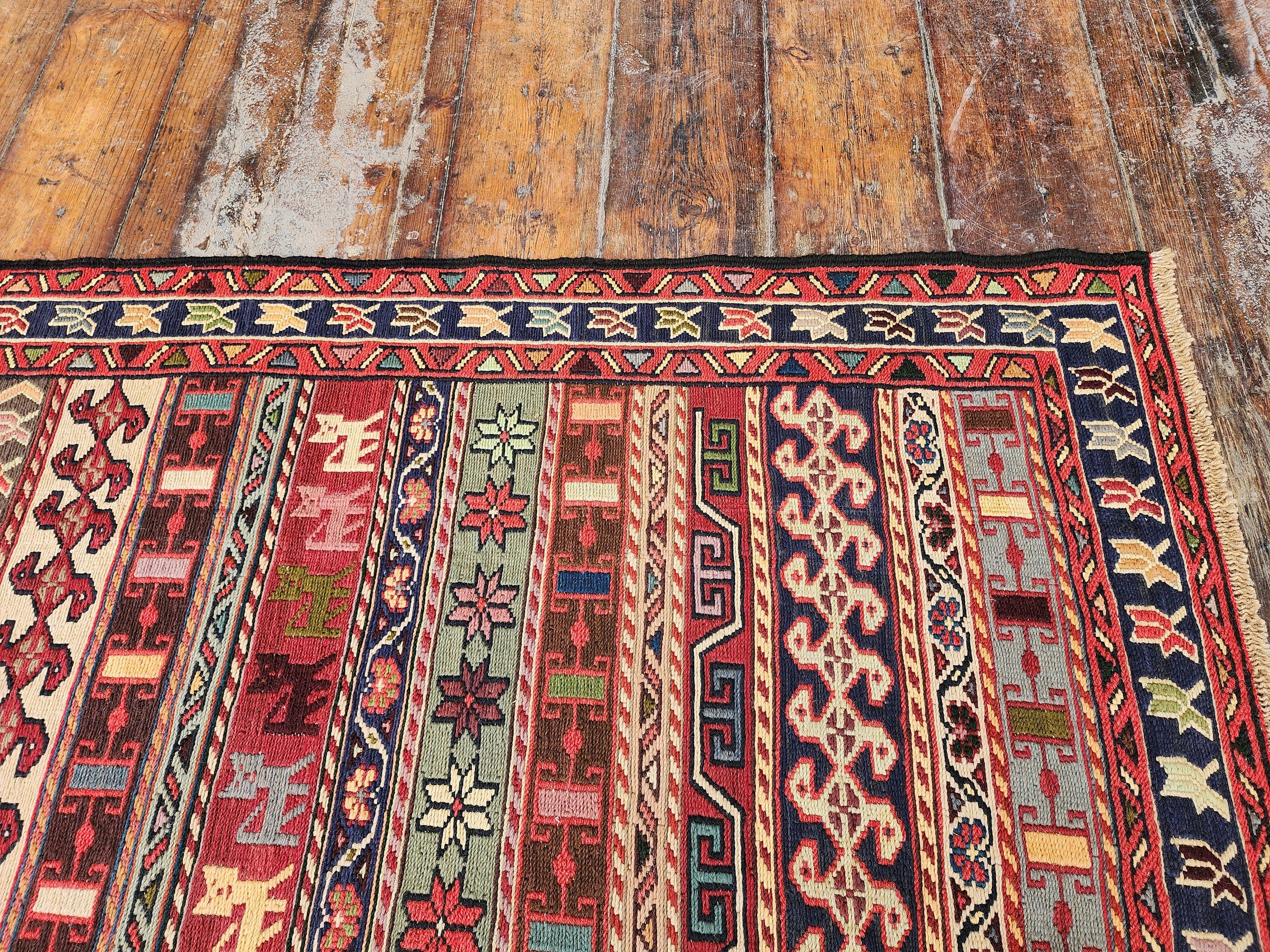 Red Blue and Brown Soumak Kilim Hallway Rug 6 x 2 ft Turkish Kilim Rug