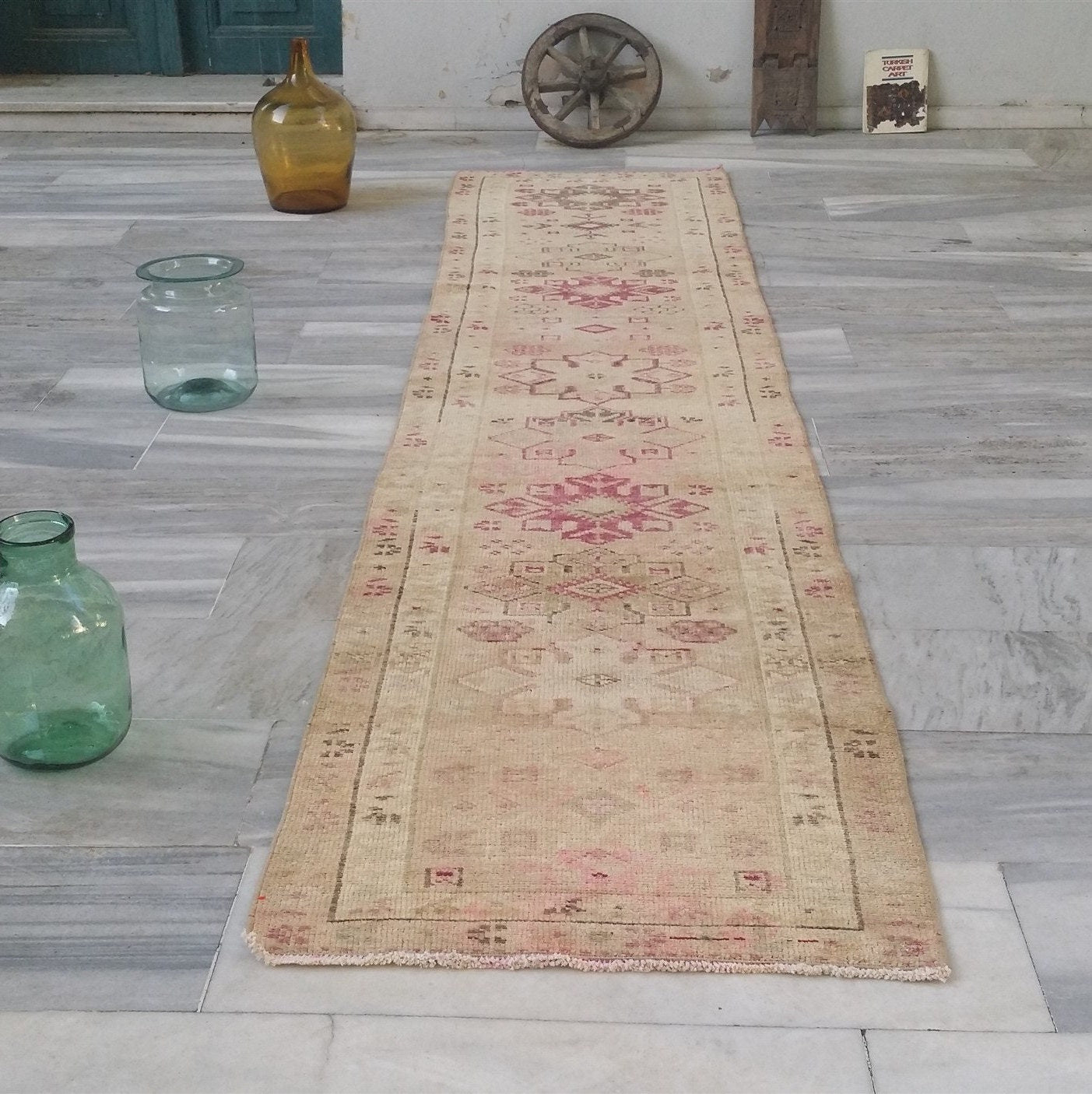 Pale Turkish Oushak Hallway Runner Rug, Bohemian Rustic Decor Distressed Muted Color Rug, Handmade Natural Wool Persian Area Rug 12’2”*2’6”