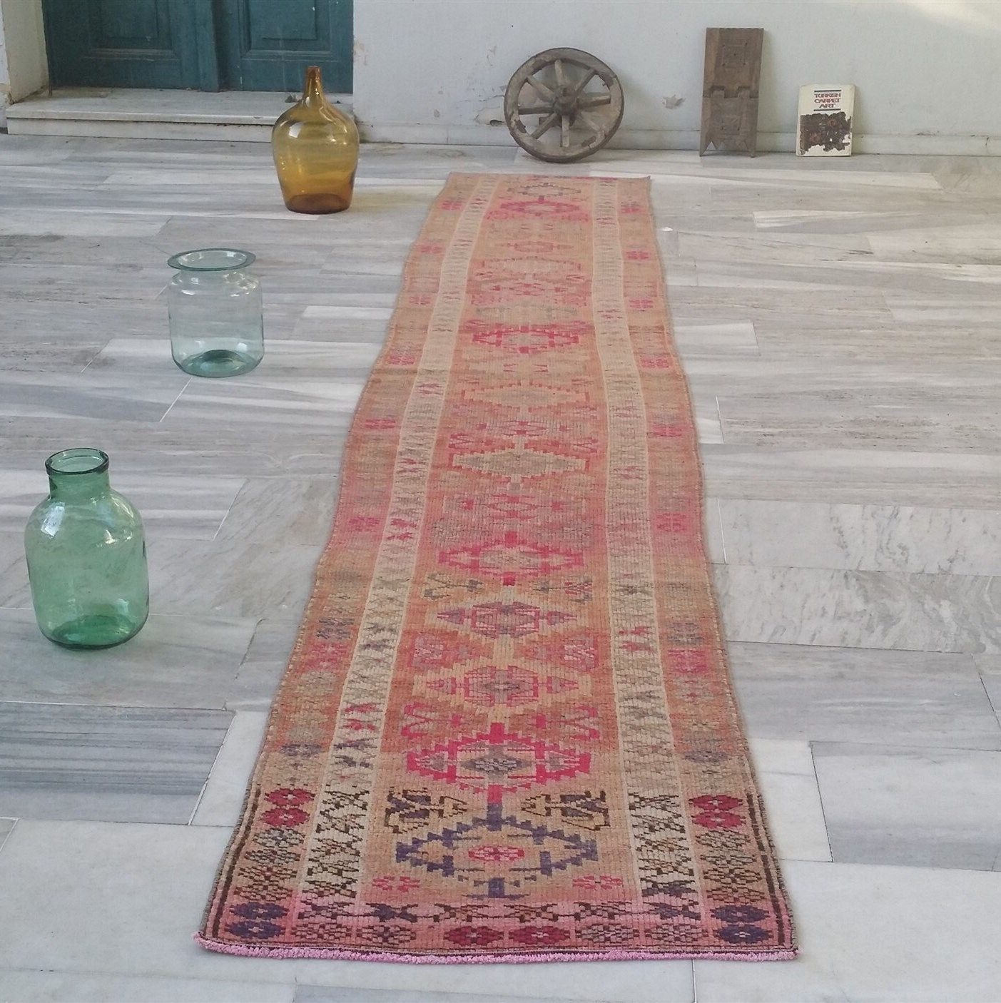 Pale Turkish Oushak Hallway Runner Rug, Bohemian Rustic Decor Distressed Muted Color Rug, Handmade Natural Wool Persian Area Rug 13’8”*2’5”