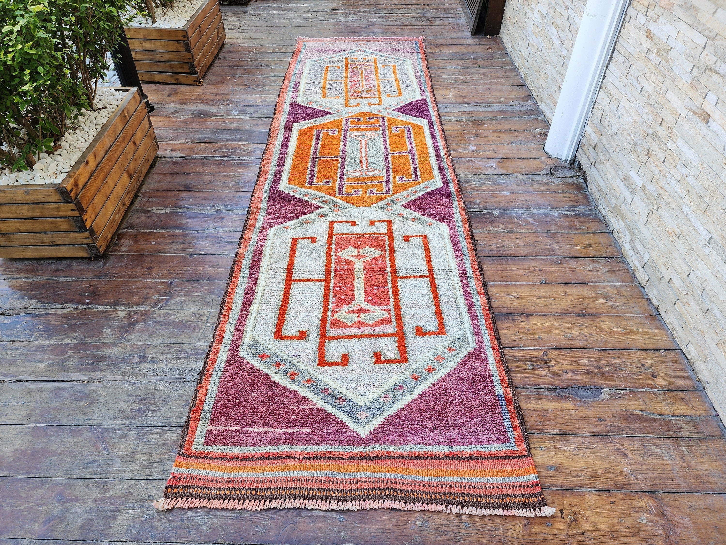 Pale Turkish Oushak Hallway Runner Rug, Bohemian Rustic Decor Distressed Muted Color Rug, Handmade Natural Wool Persian Area Rug 10'9"x2'9"