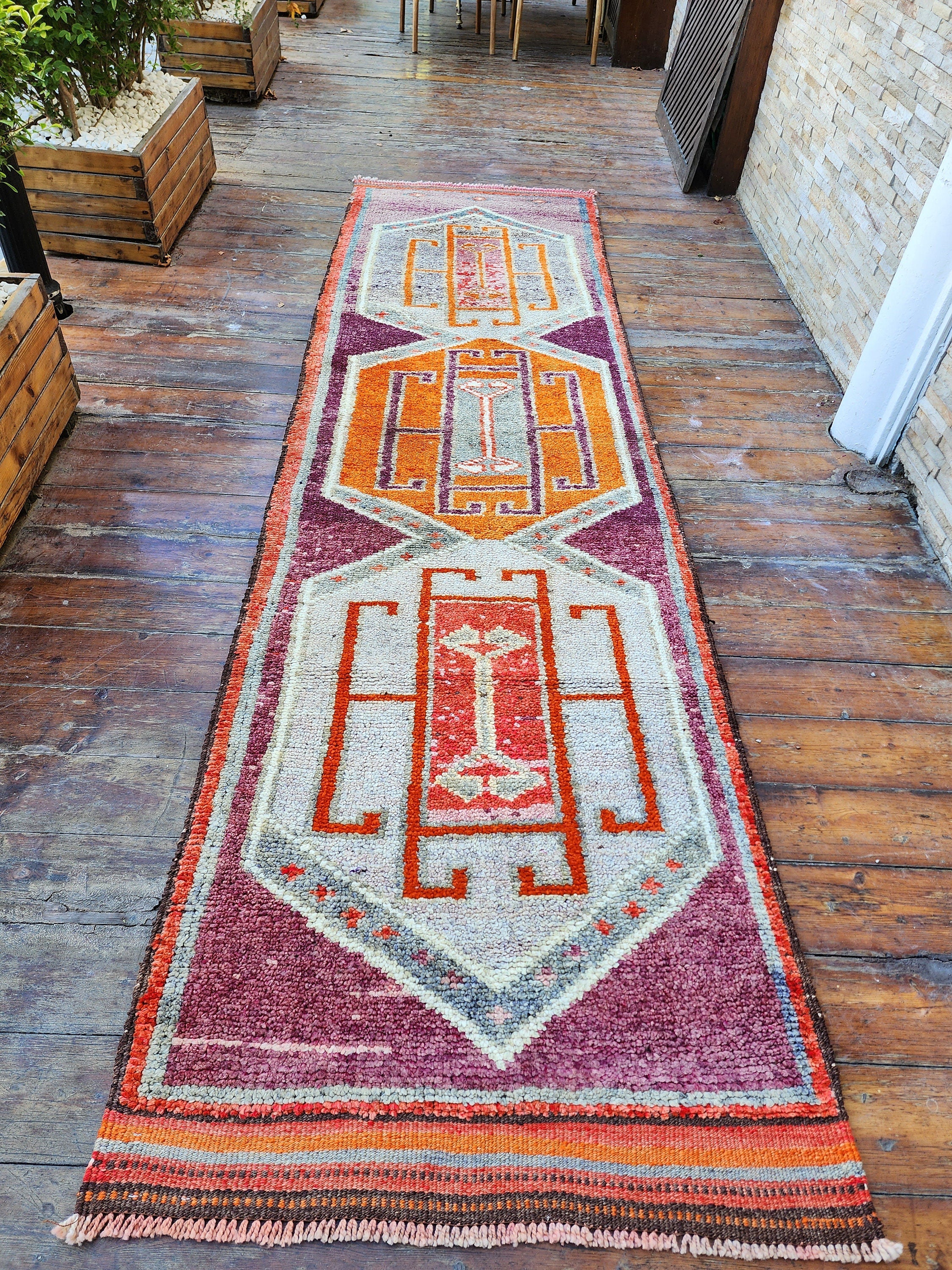 Pale Turkish Oushak Hallway Runner Rug, Bohemian Rustic Decor Distressed Muted Color Rug, Handmade Natural Wool Persian Area Rug 10'9"x2'9"