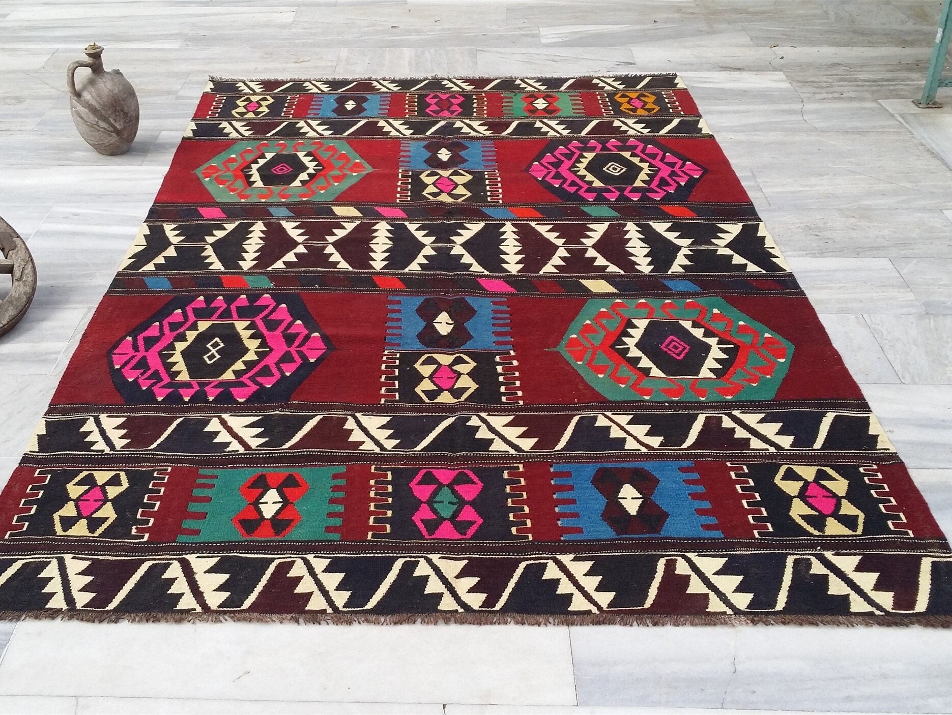 Denizle Turkey Boho Rustic Decor Living Room Rug, Kilim, Rug, Handwoven Wool Rug, Tribal Nomadic Kilim, Vintage Recycled Rug, 8.8*5.6ft