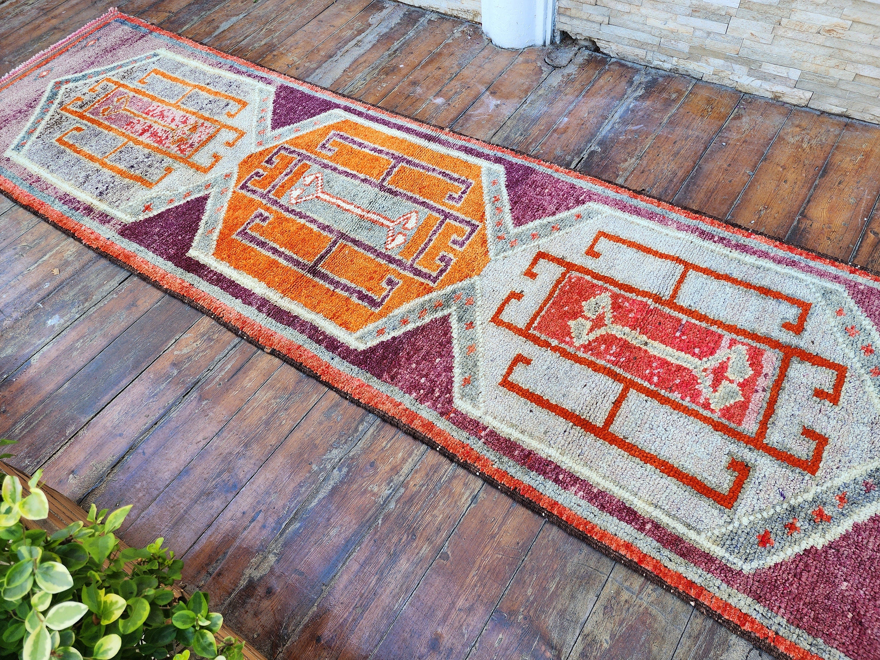 Pale Turkish Oushak Hallway Runner Rug, Bohemian Rustic Decor Distressed Muted Color Rug, Handmade Natural Wool Persian Area Rug 10'9"x2'9"