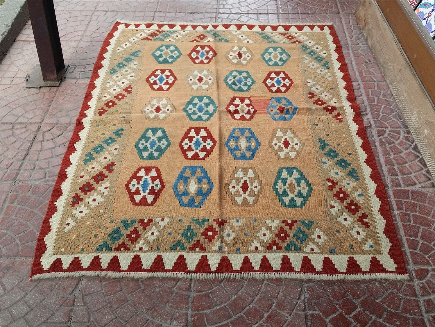Turkish Kilim Rug, 4 x 3 ft Pink Green Red Handmade Anatolian Natural Wool Rug, Tribal Nomadic Rustic Decor Persian Area Rug