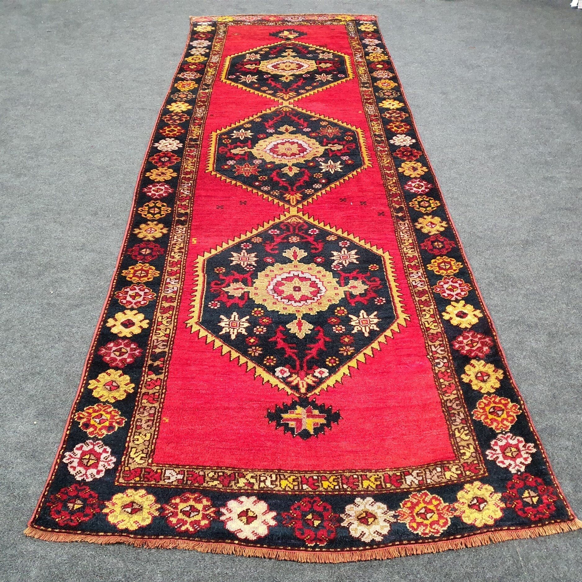 Persian Hallway Runner 11 x 3 ft Turkish Natural Wool Rug, Red with Blue and Brown Central Floral Medallions and Border Entry Corridor Rug