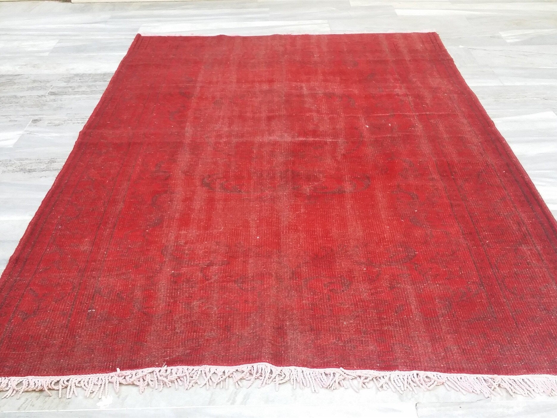 Overdyed Red Turkish Rug, Recycled Vintage Rug, 9'3"x6'2"