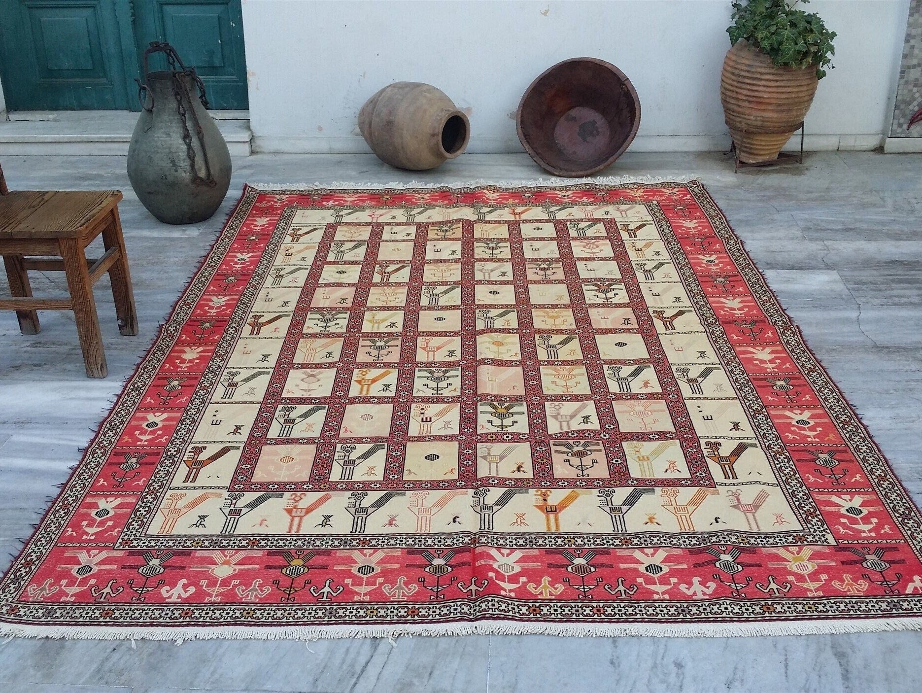 Turkish Kilim Rug, 9 x 6 ft Red and Cream Natural Wool Cotton and Silk Shasaver Soumak Rug