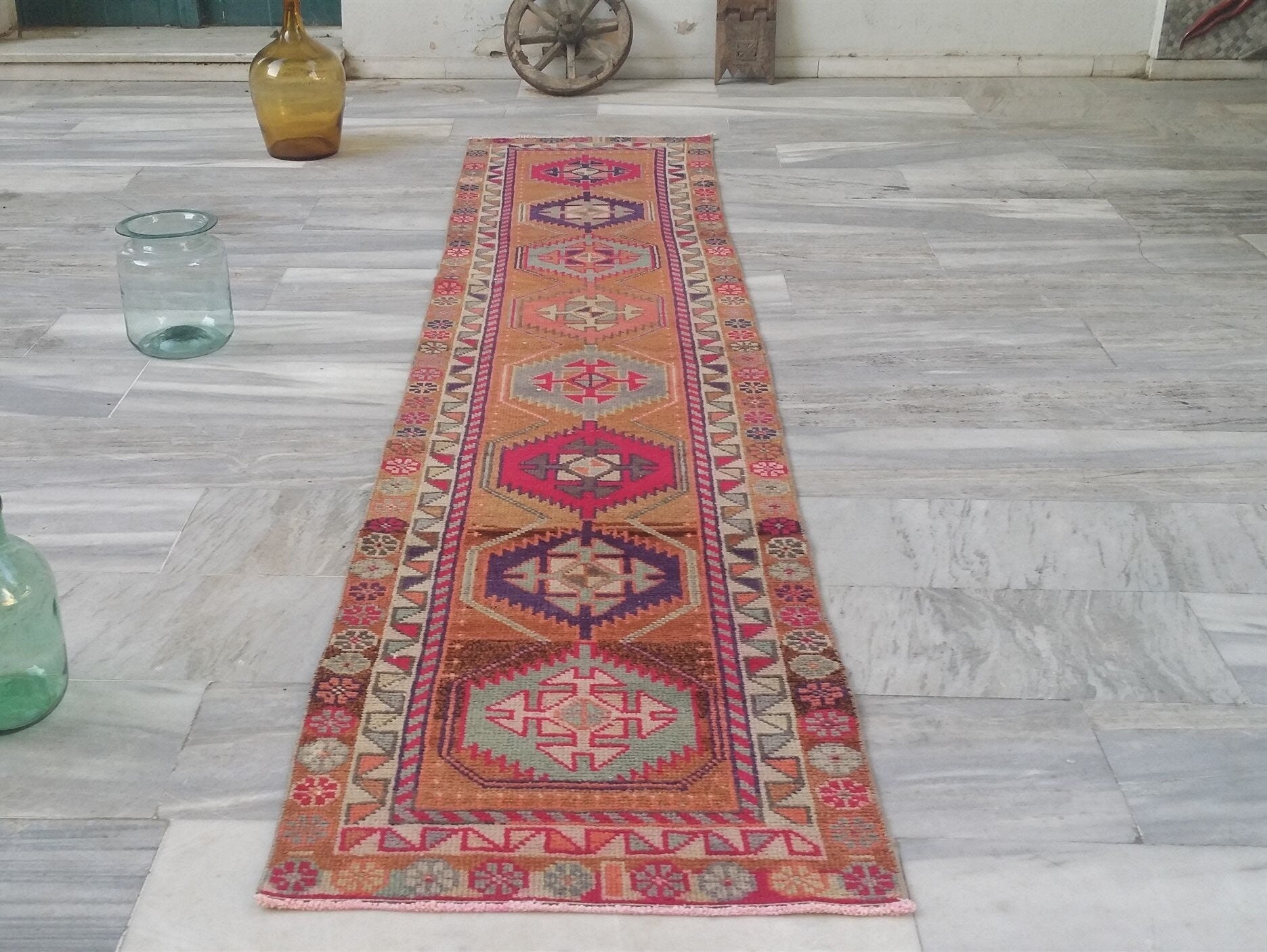 Pale Turkish Oushak Hallway Runner Rug, Bohemian Rustic Decor Distressed Muted Color Rug, Handmade Natural Wool Persian Area Rug 11’2”*2’4”