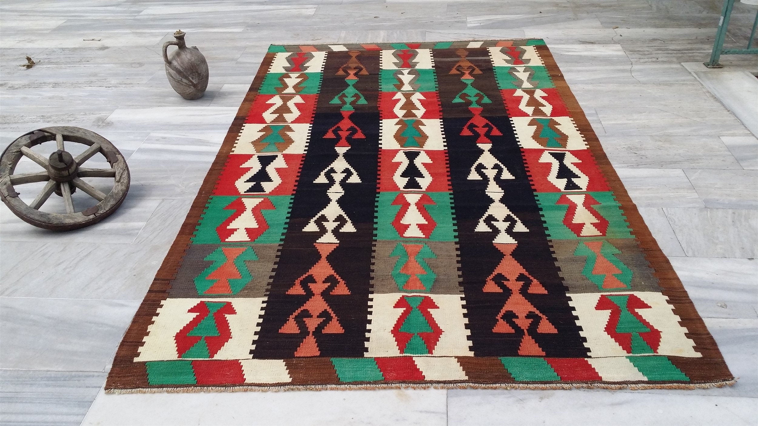 Denizle Turkish Kilim Rug, Bohemian Rustic Decor Living Room Rug, Handmade Organic Wool Vintage Moroccan Decor Persian Area Rug, 8'9"x5'3"