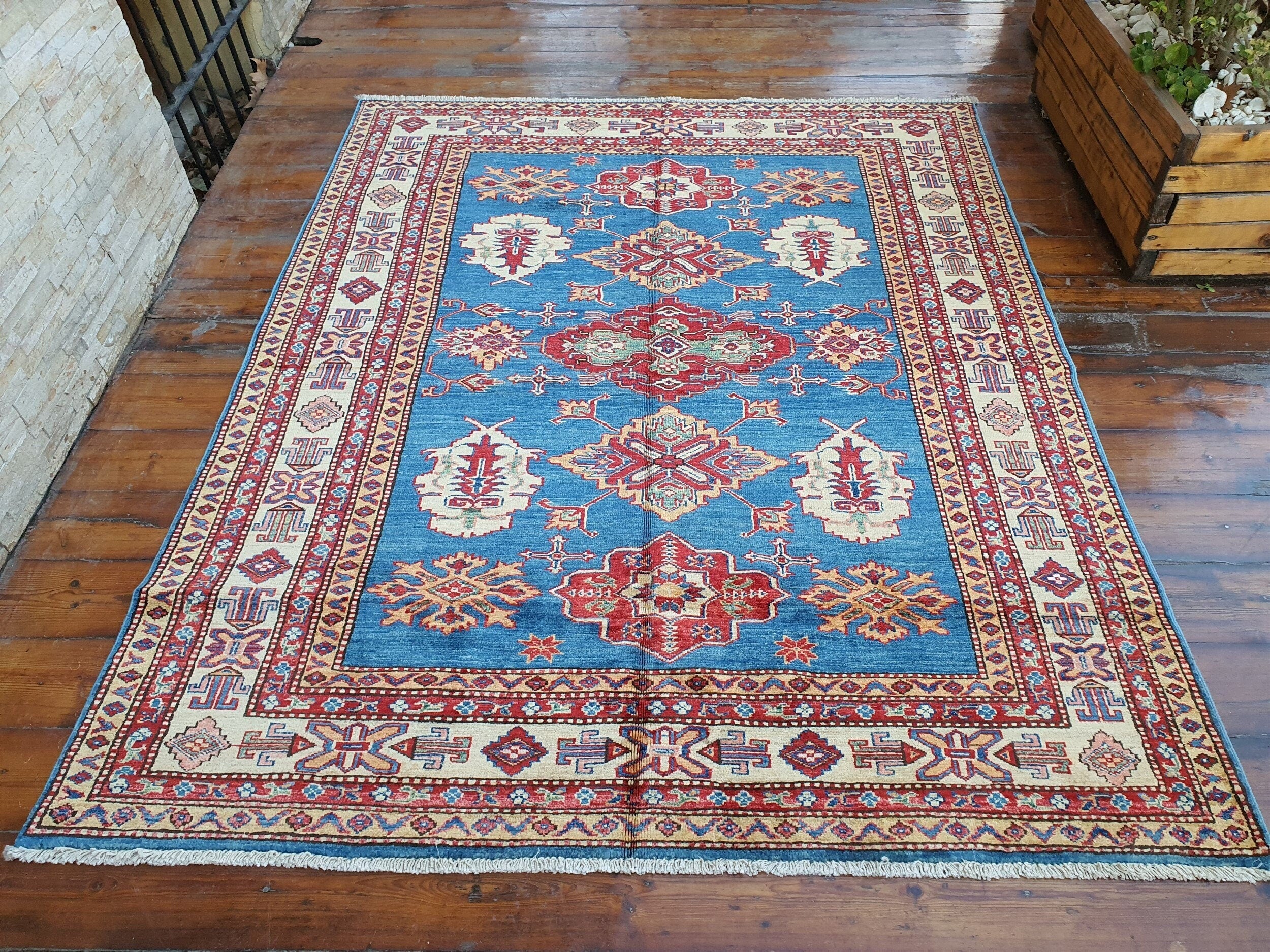Caucasian Kazak Rug 6'3''x5'1'' Blue Beige Vintage Tribal Azerbaijan Geometric Medallion Rug
