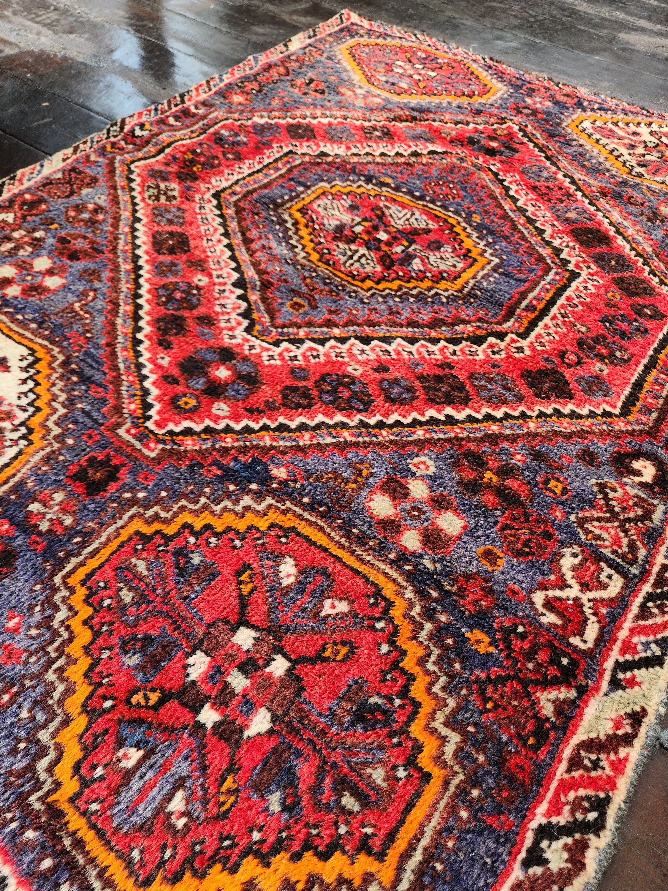 Tapis persan antique 5 x 3 pieds Bleu Rouge Orange Tapis turc vintage en laine naturelle