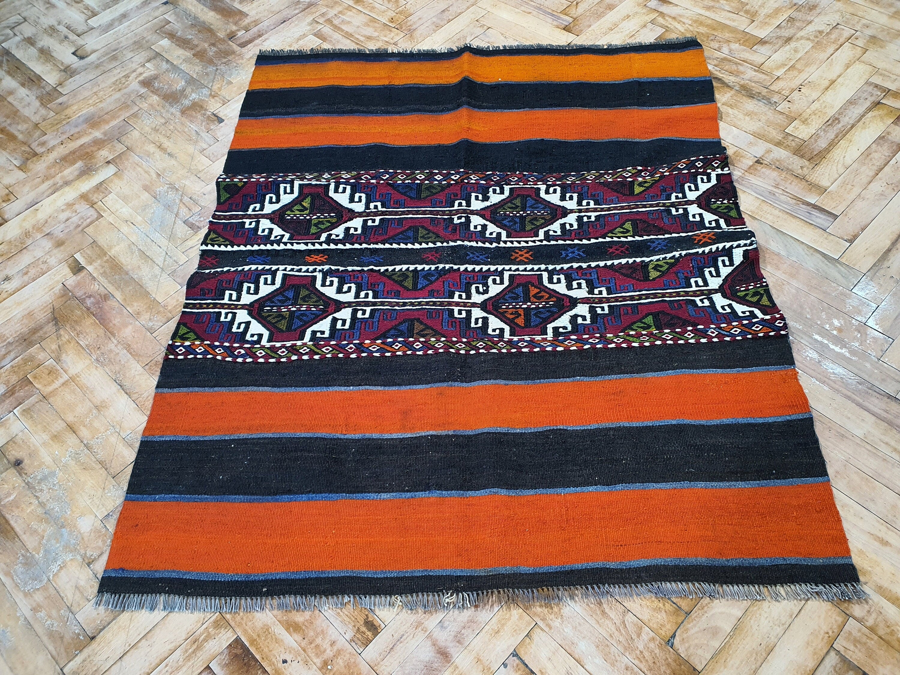Turkish Kilim Rug, 4 ft 3 in x 3 ft 6 in,Terracotta and Brown Vintage Cicim Embroidered Kilim Rug