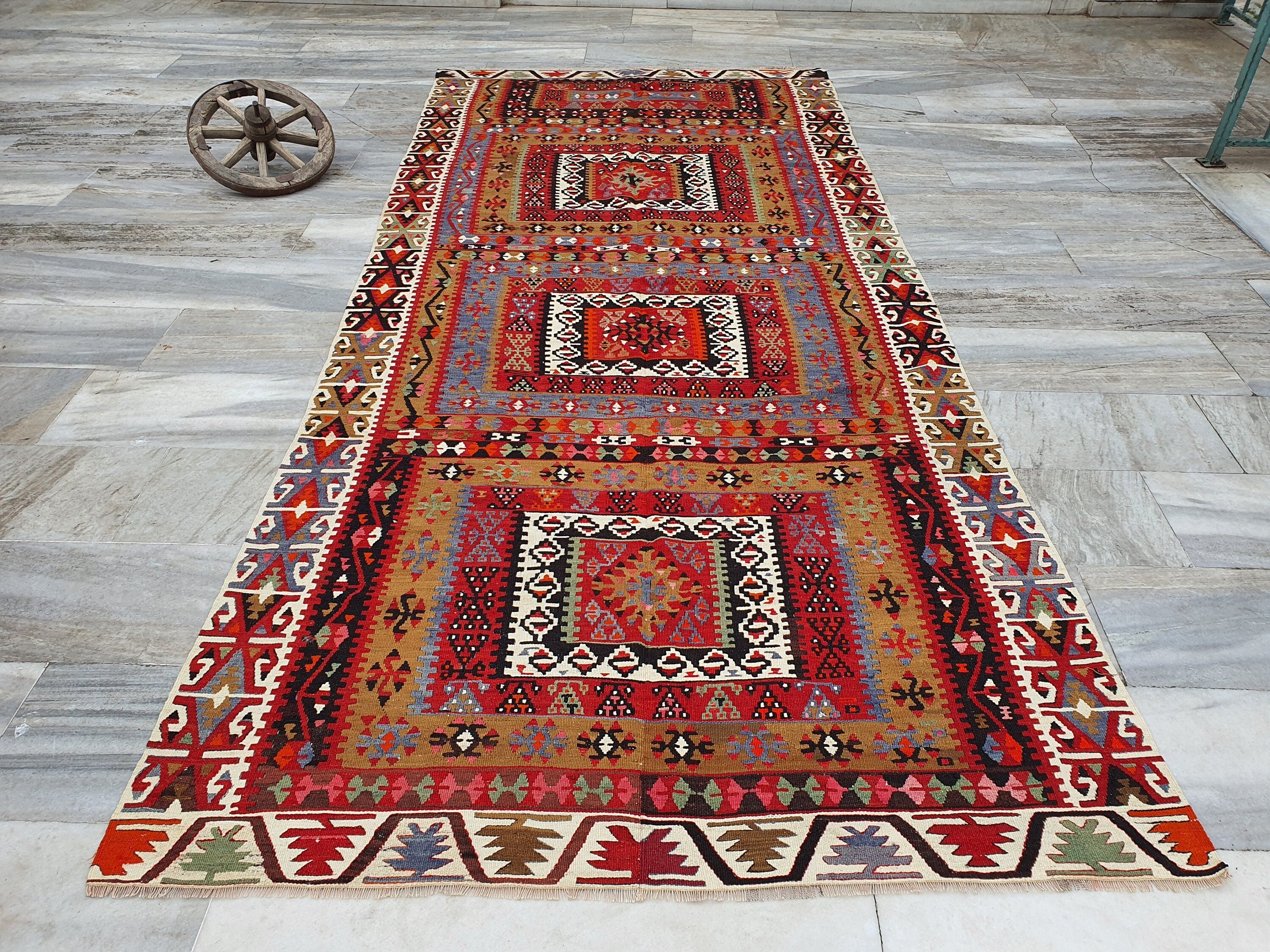 Kayseri Turkish Kilim Rug, Handmade Organic Wool Vintage Rug, Boho Rustic Anatolian Home Decor, Moroccan Carpet Persian Area Rug 11'7"x5'2"