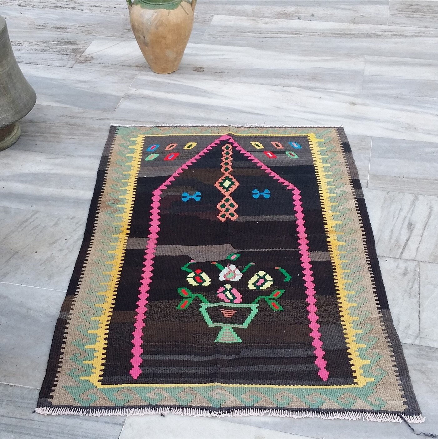 Bayburt Turkish Vintage Kilim Rug, 3 ft 9 in x 2 ft 7 in, Small Prayer Rug