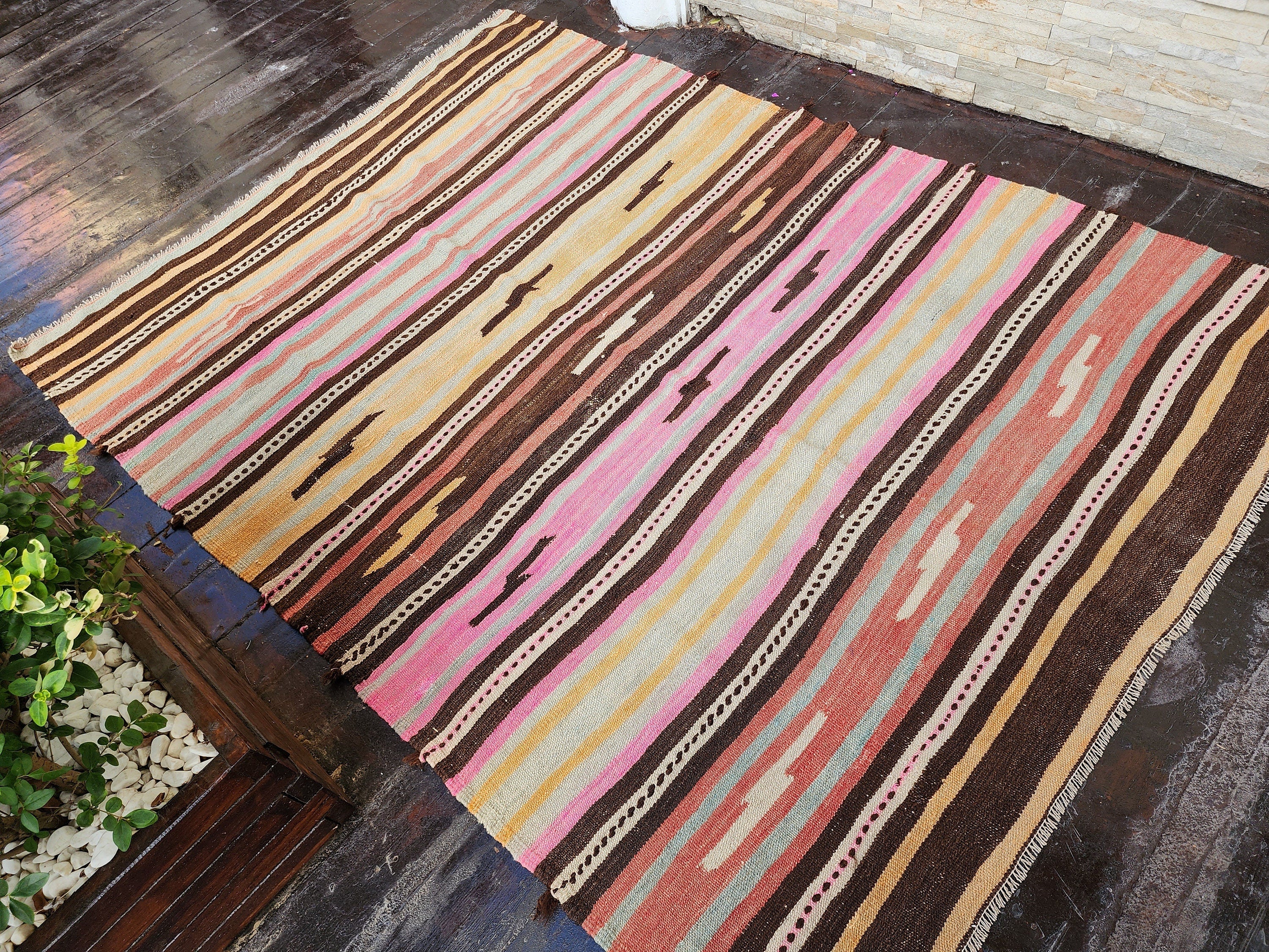 Tribal Kilim Rug, Living Room Rug, Rustic Rug, Organic Wool Rug, Antique Rugs, Ethnic BohoOrange and Green Cicim Persian Area Rug 8.4*6ft