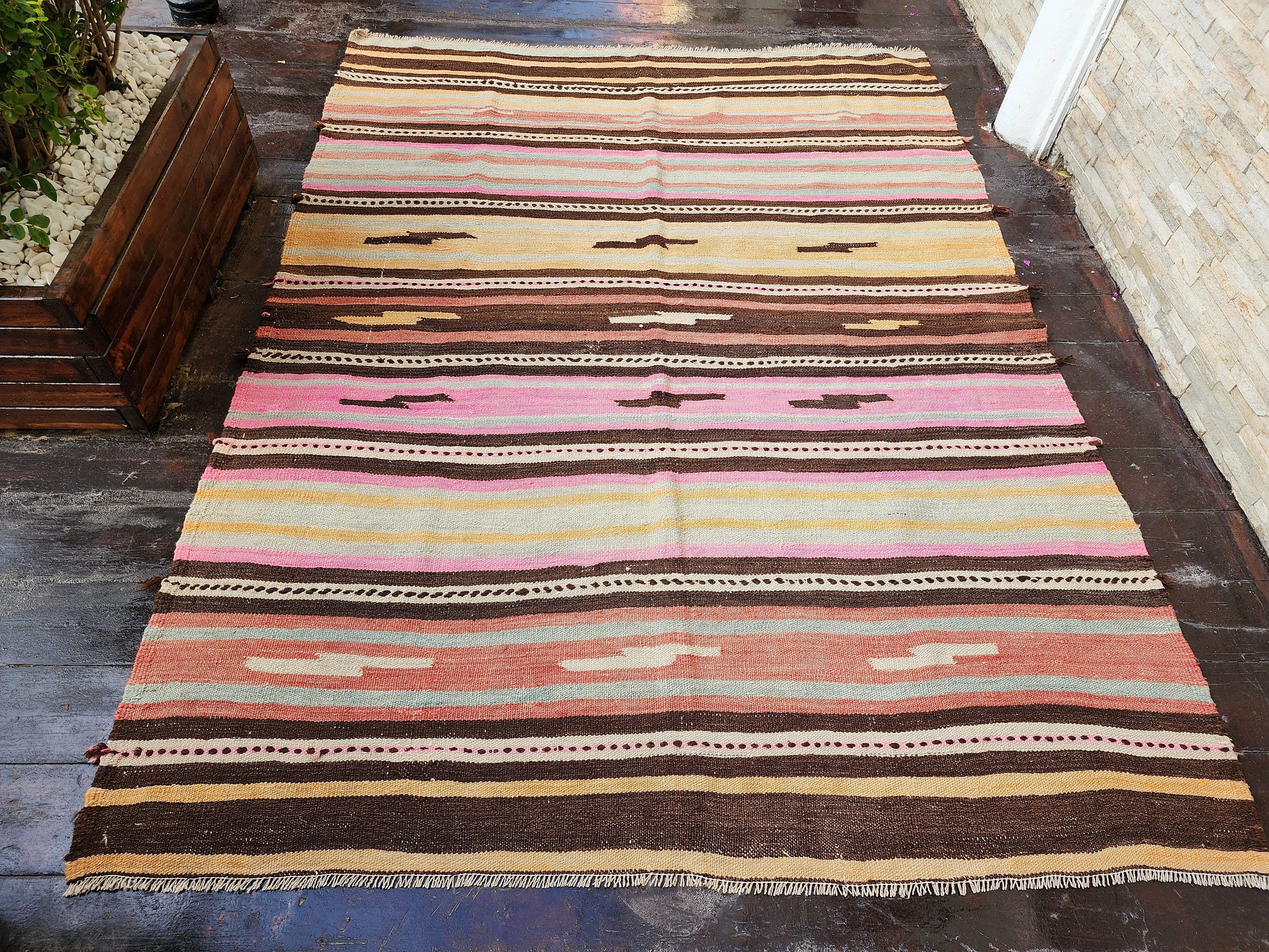 Tribal Kilim Rug, Living Room Rug, Rustic Rug, Organic Wool Rug, Antique Rugs, Ethnic BohoOrange and Green Cicim Persian Area Rug 8.4*6ft
