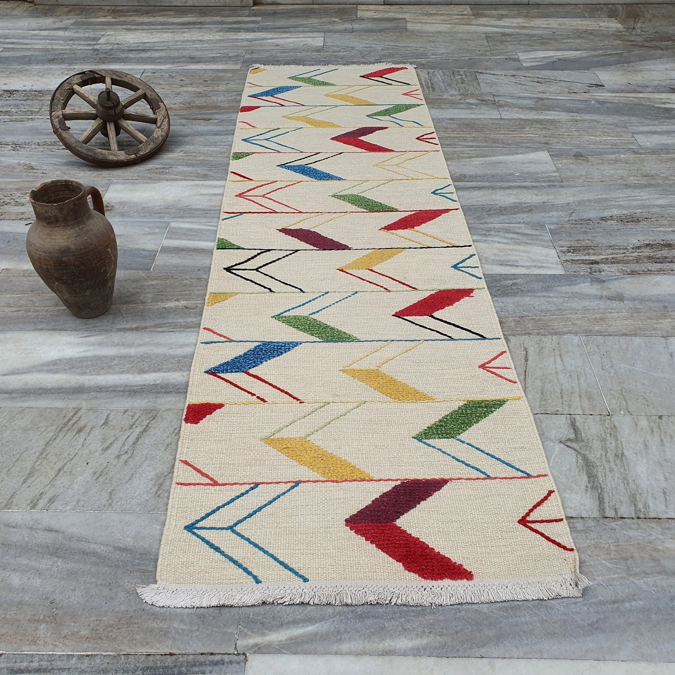 Central Anatolia Turkey Bohemian Decor Colorful Rug, Moroccan Style Long Hallway Kilim Runner Rug, Handmade Wool Persian Area Rug 9'4"x2'7"