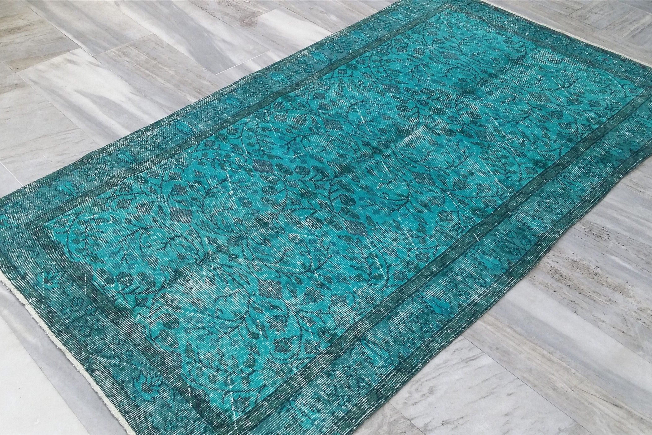 Overdyed Vintage Rug, Turquoise Blue Recycled Rug, Handmade Wool Bohemian Oriental Design Distressed Rug, Persian Area Rug 8'0"x4'6"