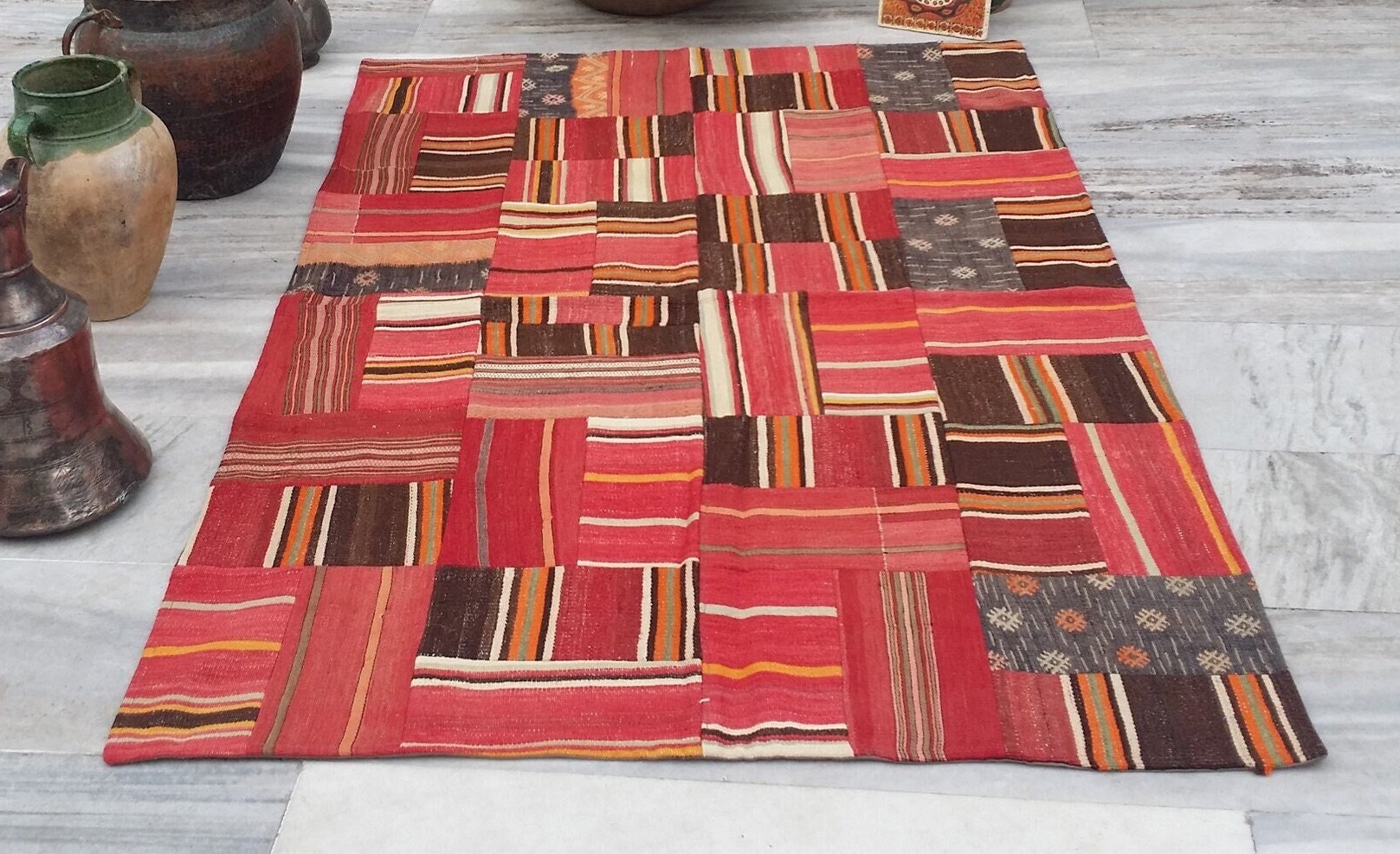 Patchwork Kilim Rug 5 x 2 ft Multicolor Boho Rustic Mosaic Turkish Rug for Entry Lounge or Kitchen, Handmade Wool Vintage Persian Floor Mat