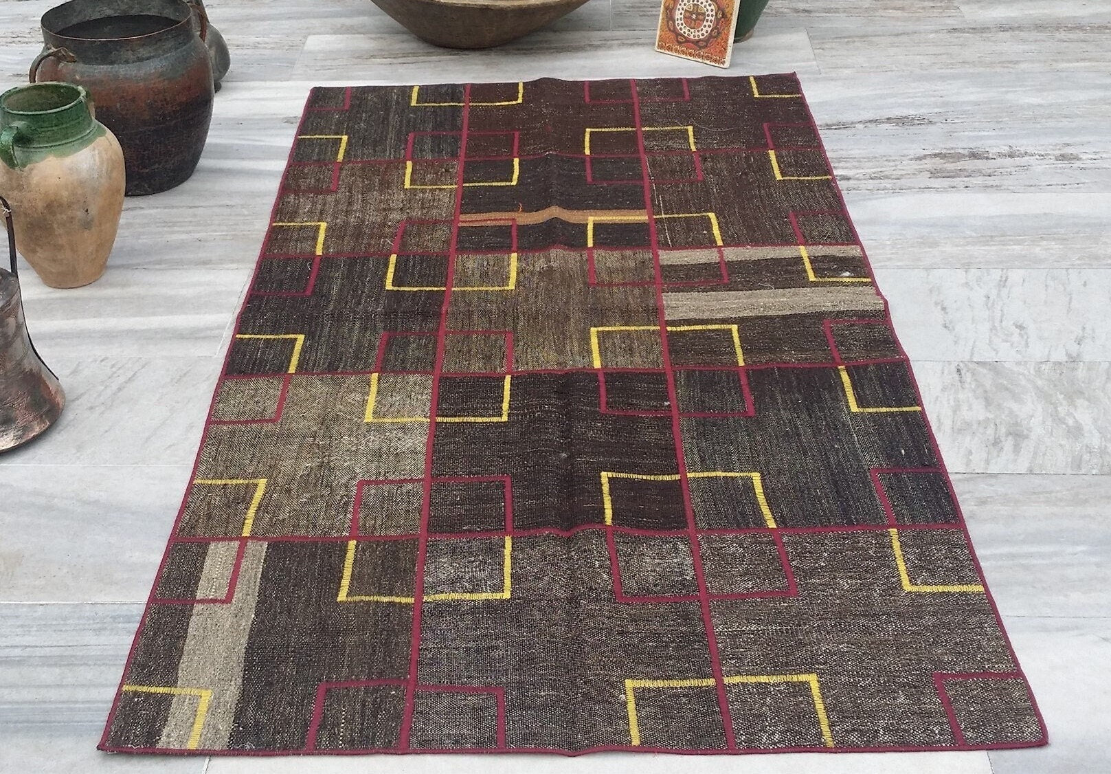 Patchwork Kilim Rug, Rustic Decor Living Room Rug, Handmade Wool Rug, Bohemian Style Vintage Decor Persian Area Rug 6.7*3.7 ft