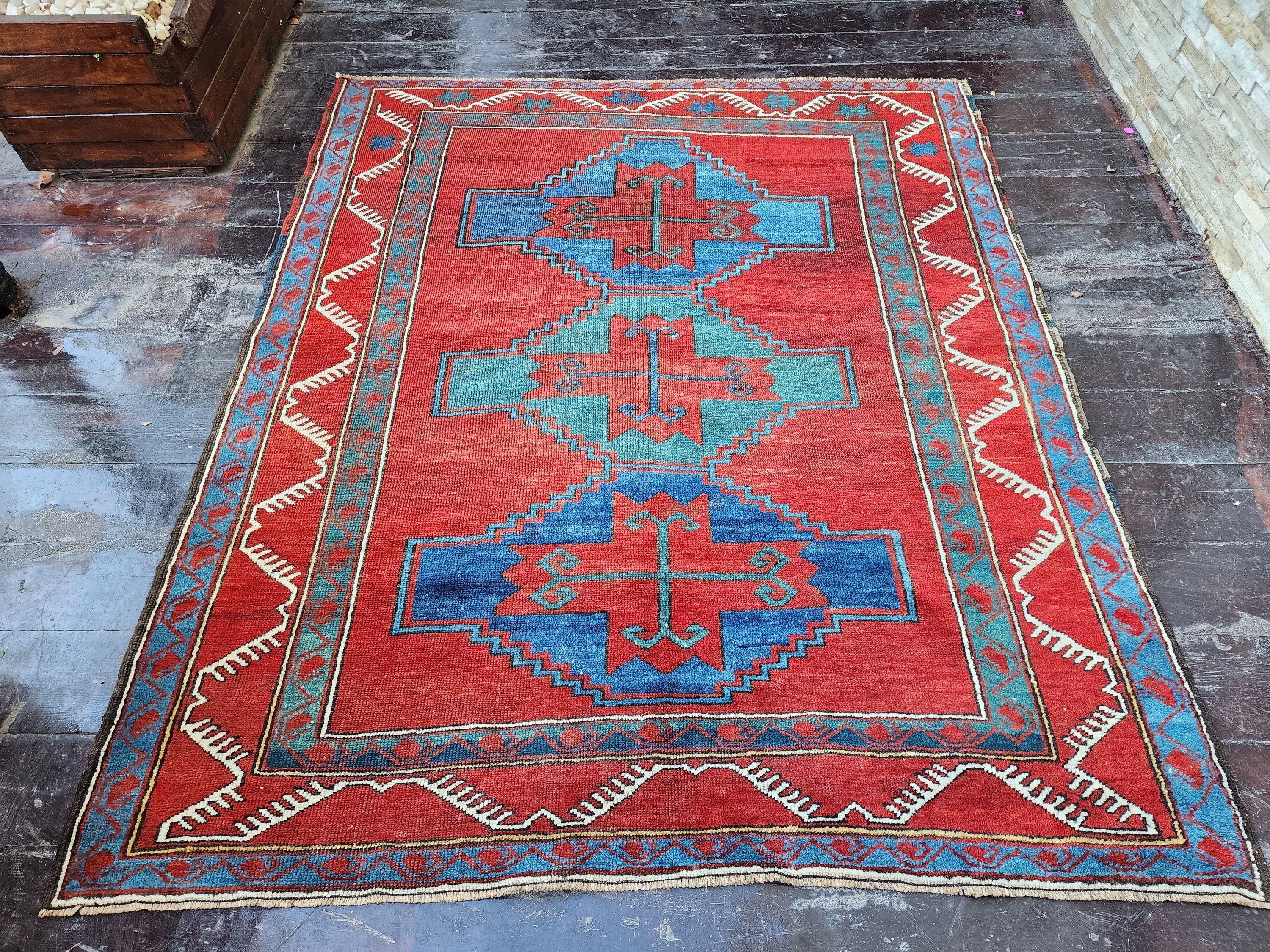 Antique Caucasian Fahrola Rug 6 x 4 ft, Red Blue and Green Tribal Persian Area Rug