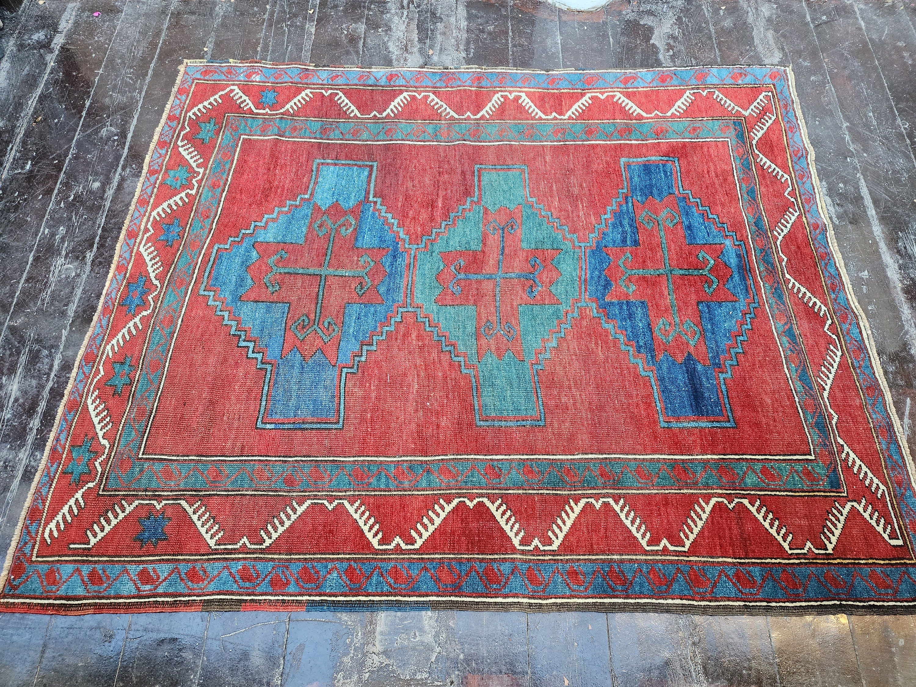 Antique Caucasian Fahrola Rug 6 x 4 ft, Red Blue and Green Tribal Persian Area Rug