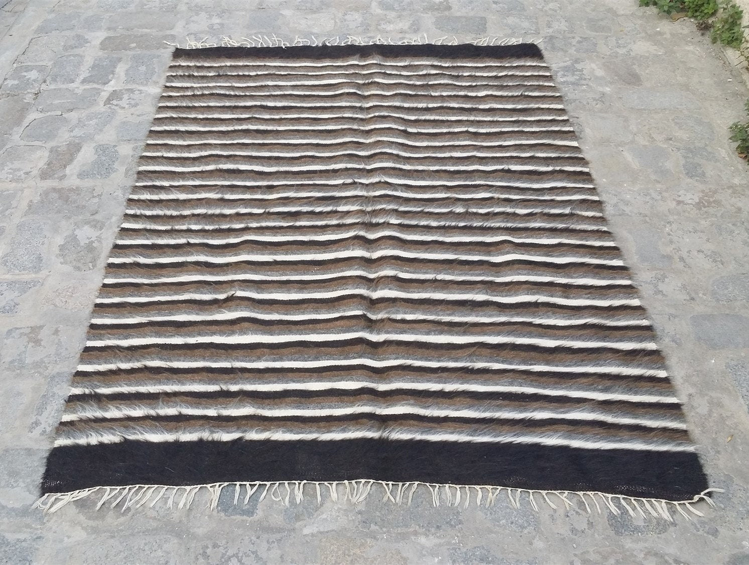 Brown and White Turkish Kilim Door Mat 6 x 4 ft Undyed Siirt Angora Mohair Rug, Striped Tulu Shaggy Rug, Handmade Vintage Boho Rustic Rug