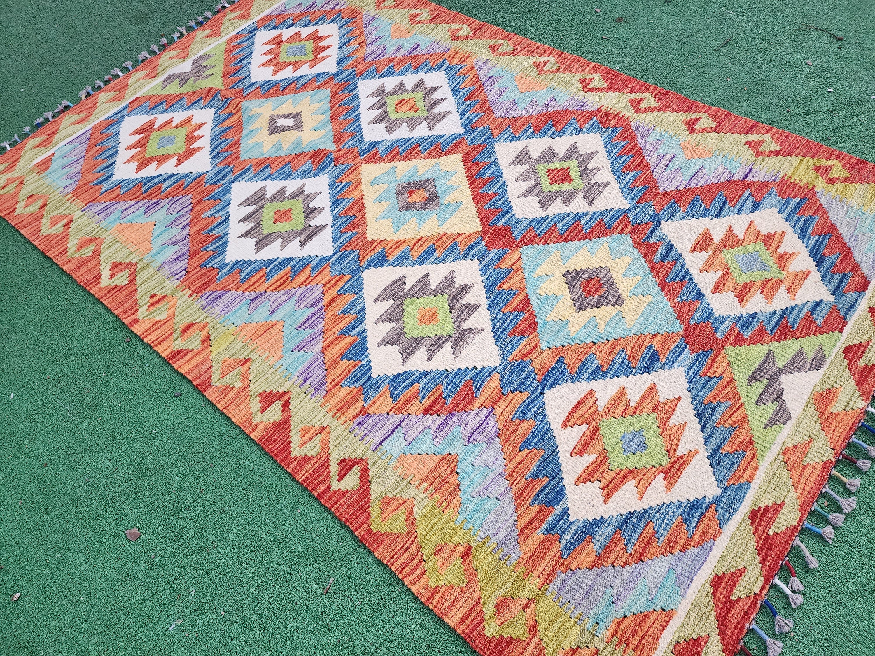 Afghan Kilim Rug,5 ft 3 in x 3 ft 4 in, Rust Red, Blue and Off-White Contemporary Turkish Rug