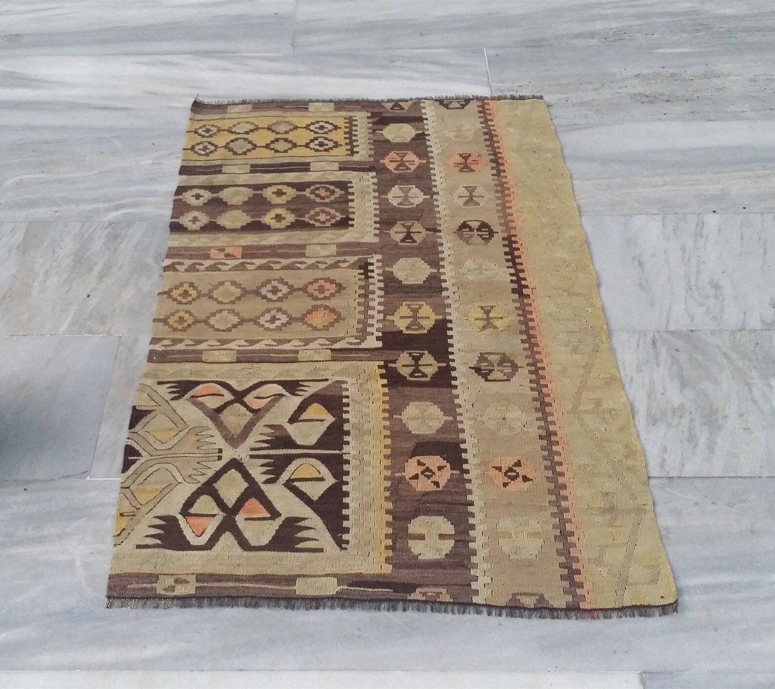 Patchwork Kilim Rug 4 x 2 ft Monochrome Boho Rustic Mosaic Turkish Rug for Entry Lounge or Kitchen, Handmade Wool Vintage Persian Floor Mat