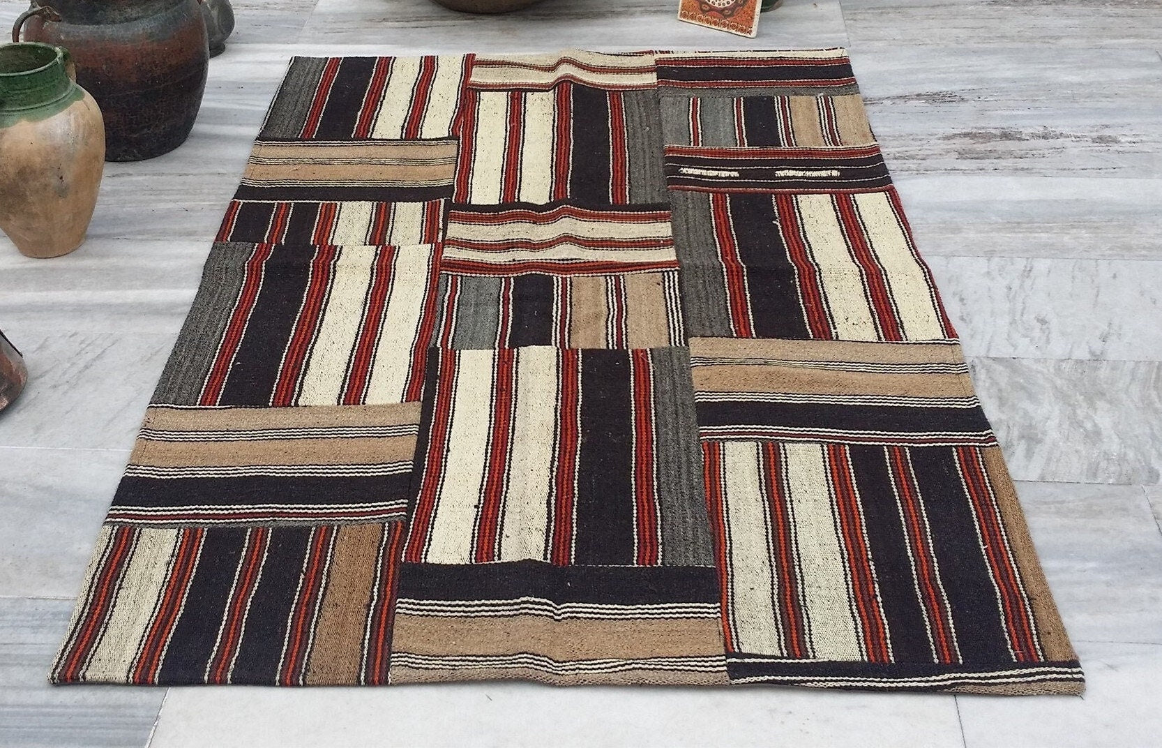 Patchwork Kilim Rug 6 ft x 3 ft 11 in, Black, Grey and White Kilim Rug