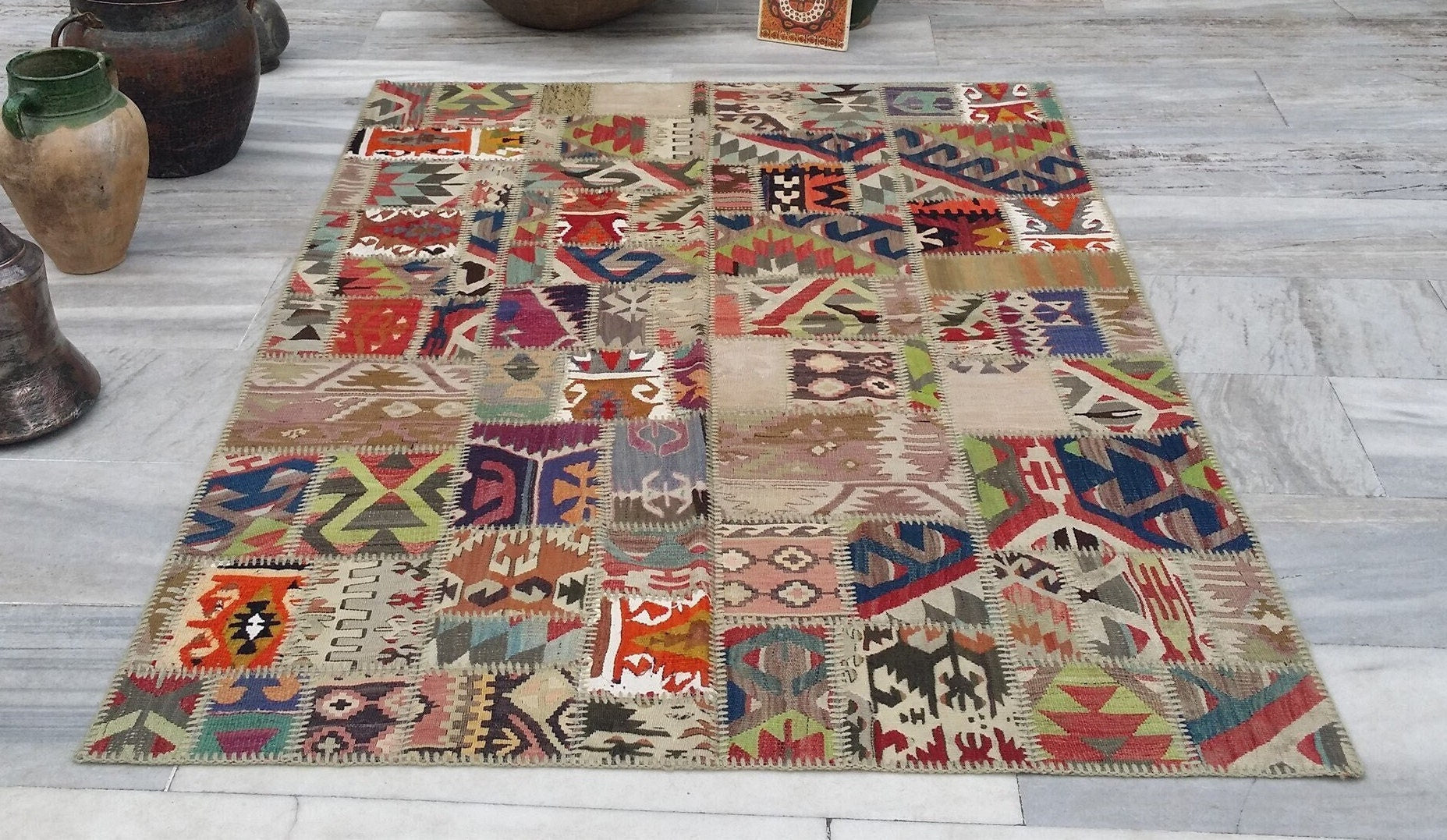 Alfombra Kilim de patchwork multicolor 6'3''x4'6''