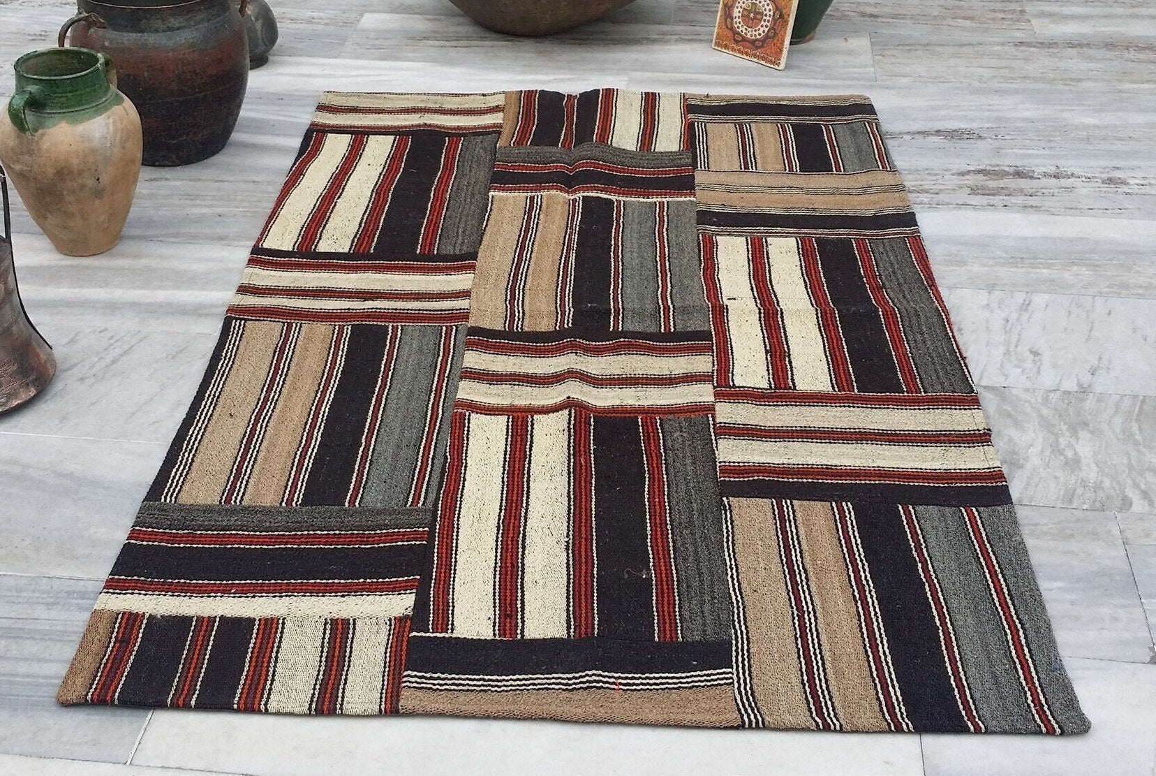 Patchwork Kilim Rug 5 ft 10 in x 3 ft 11 in Brown Grey and White Turkish Rug