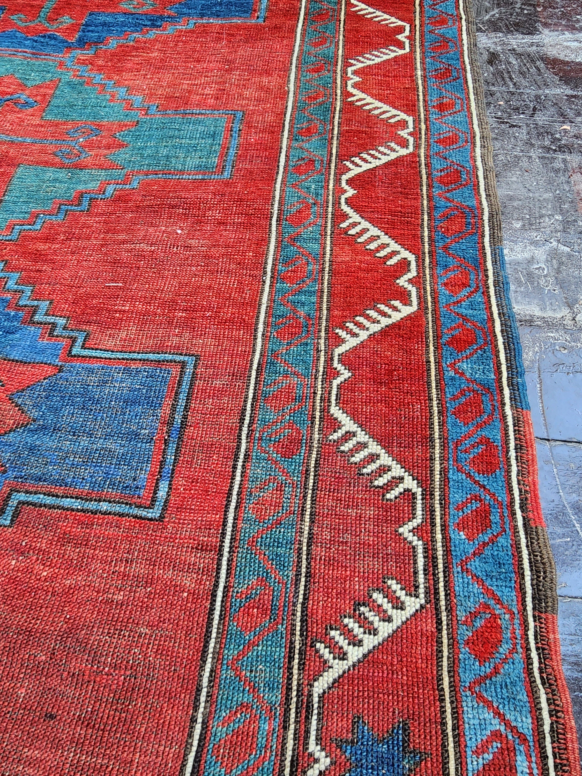 Antique Caucasian Fahrola Rug 6 x 4 ft, Red Blue and Green Tribal Persian Area Rug