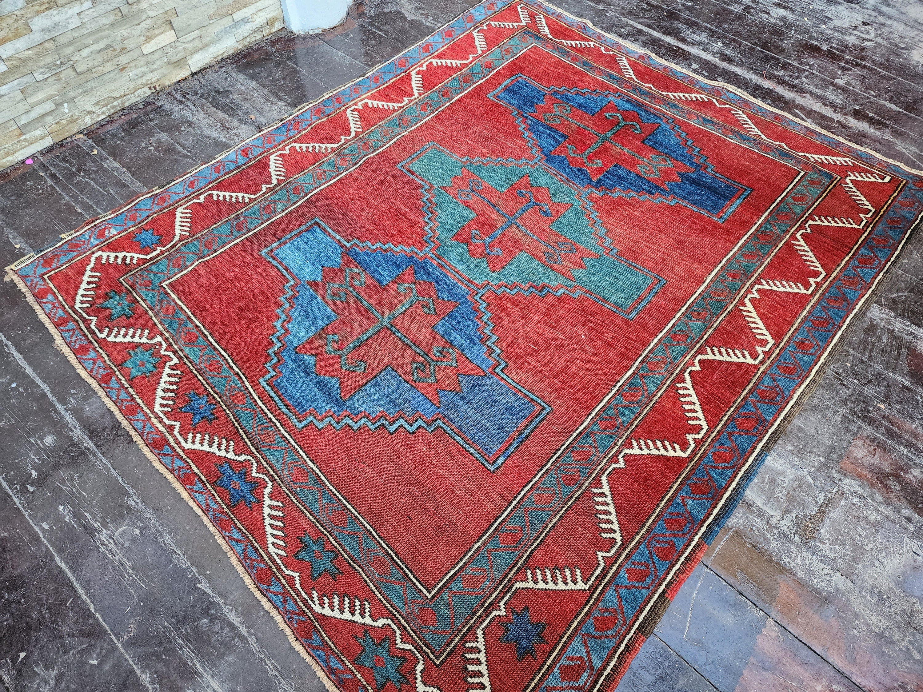 Antique Caucasian Fahrola Rug 6 x 4 ft, Red Blue and Green Tribal Persian Area Rug