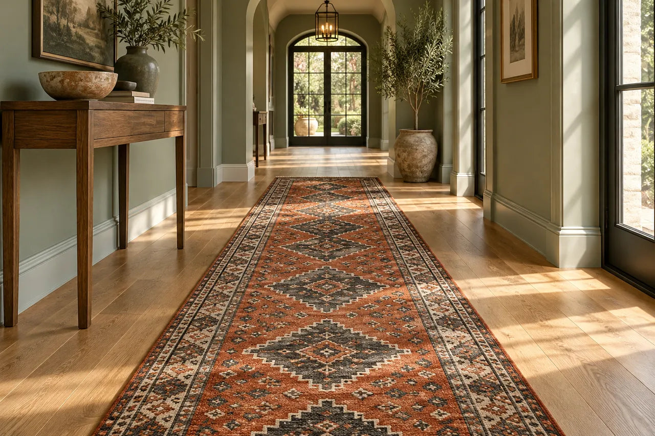 Rust and charcoal runner in a sage green hallway
