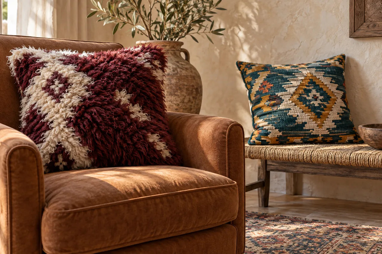 Burgundy pile-texture and teal geometric woven cushion covers